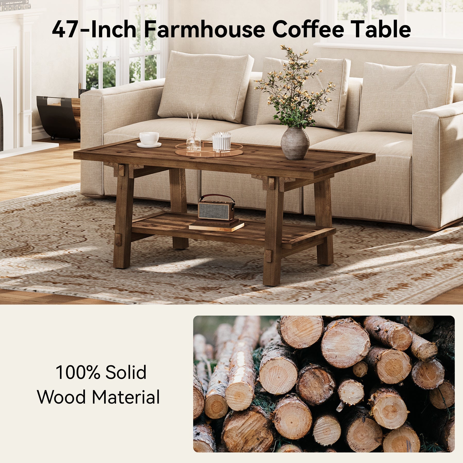 47" Solid Wood Coffee Table, Rectangle Center Table with 2-Tier Shelves