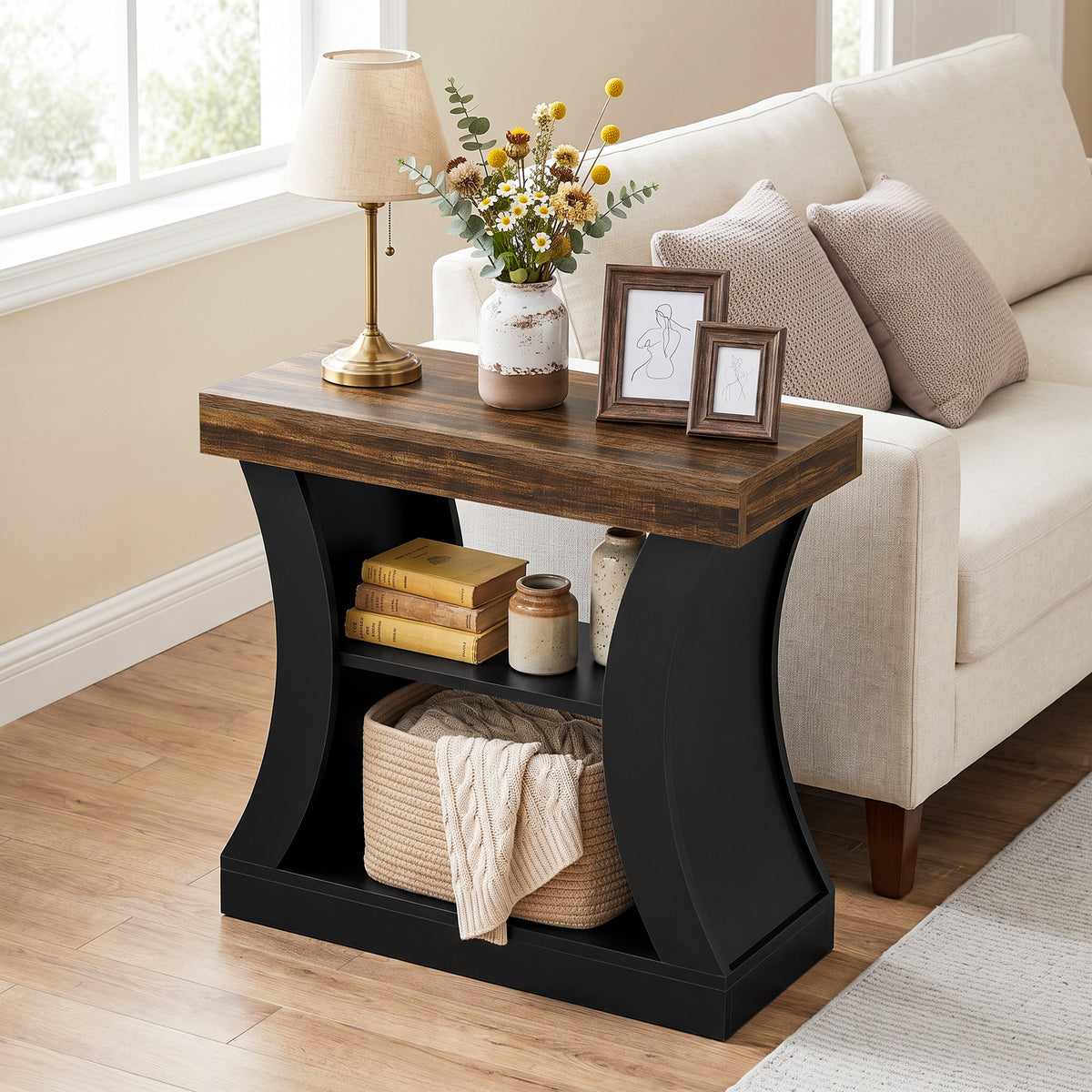 60cm Narrow Side Table, 3-Tier Modern End Table with Storage for Living Room Bedroom