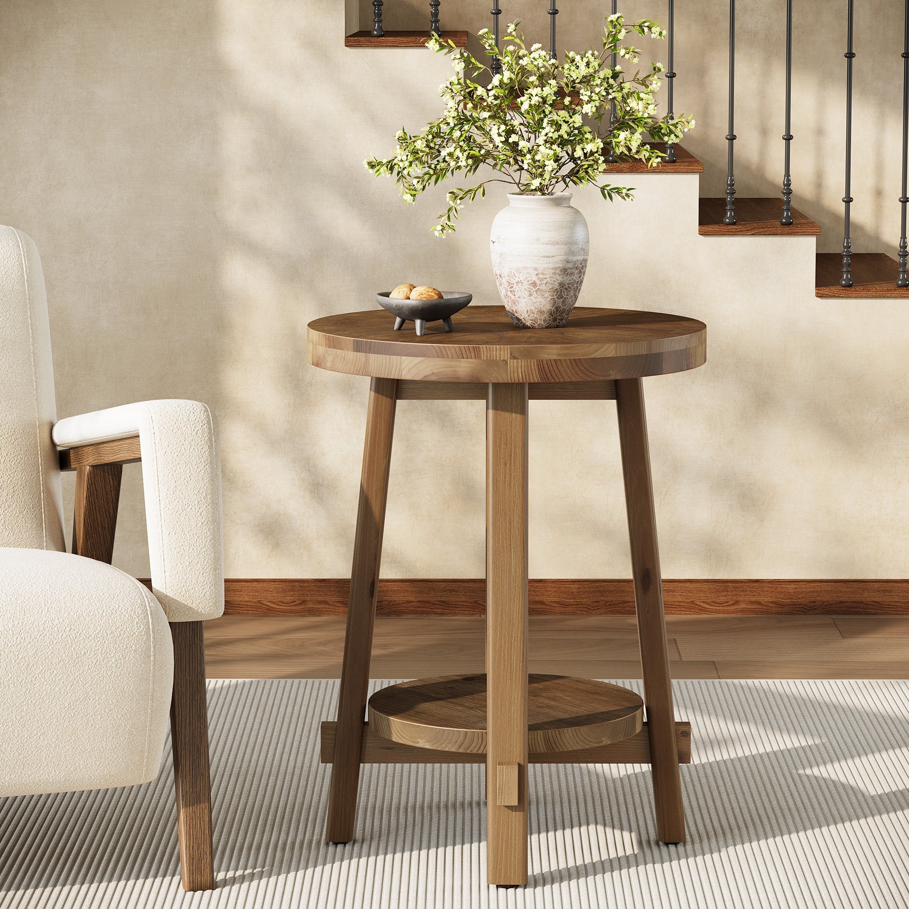 19.6" Round End Table, Solid Wood Side Table with 2-Tier Storage