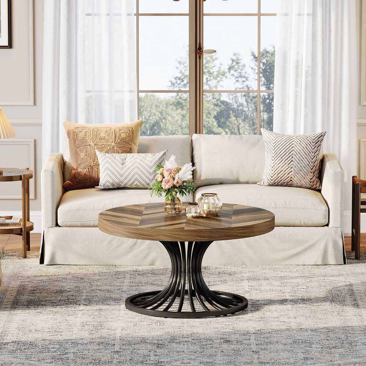 79cm Round Coffee Table, Rustic Wood Top with Metal Base for Living Room