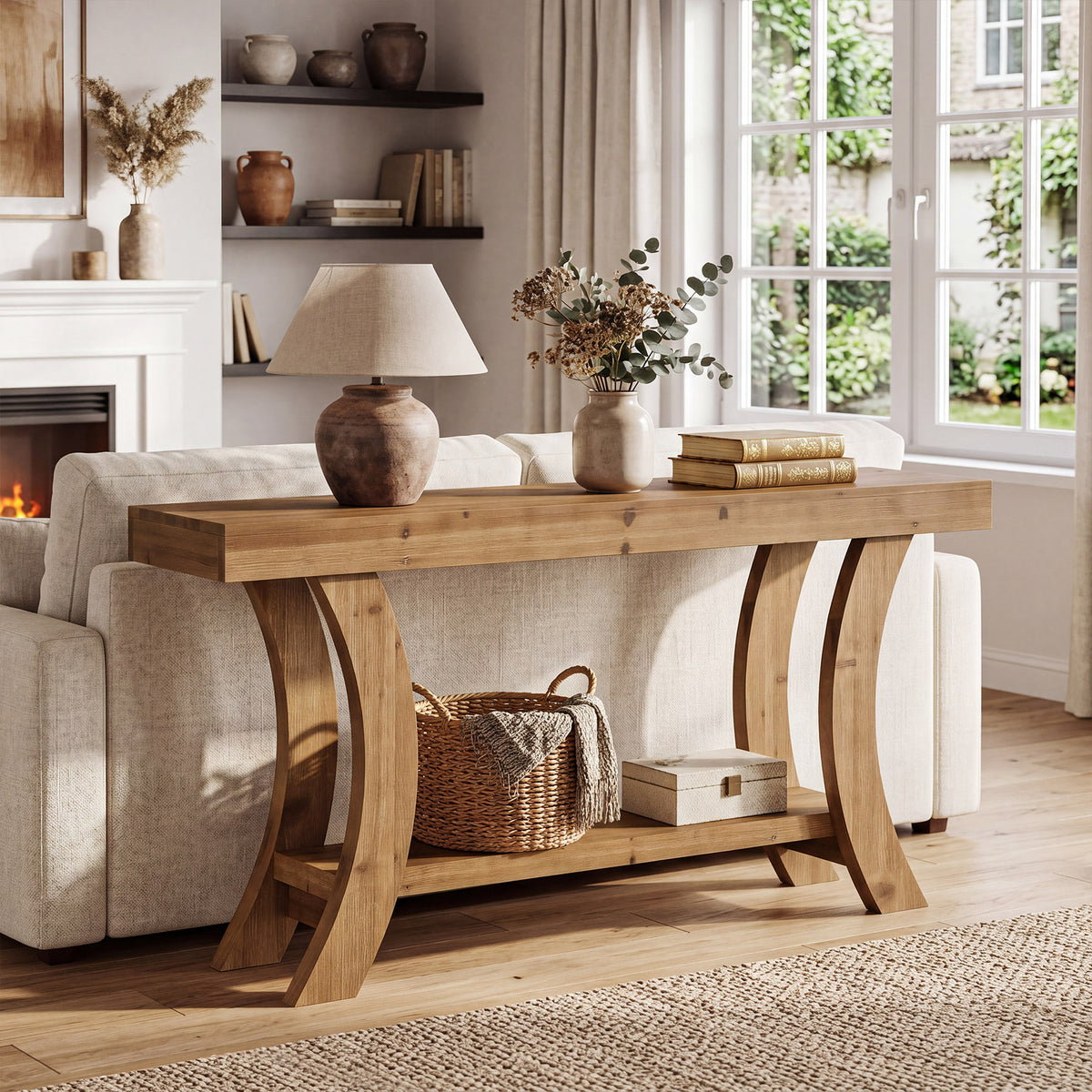 160cm Console Table, Solid Wood Hallway Table with Storage & Arched Frame