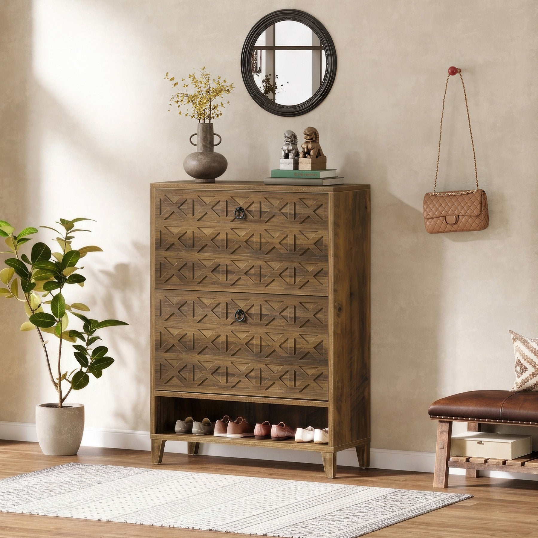 Wood Shoe Cabinet, Shoe Storage Organizer with 2 Flip Drawers