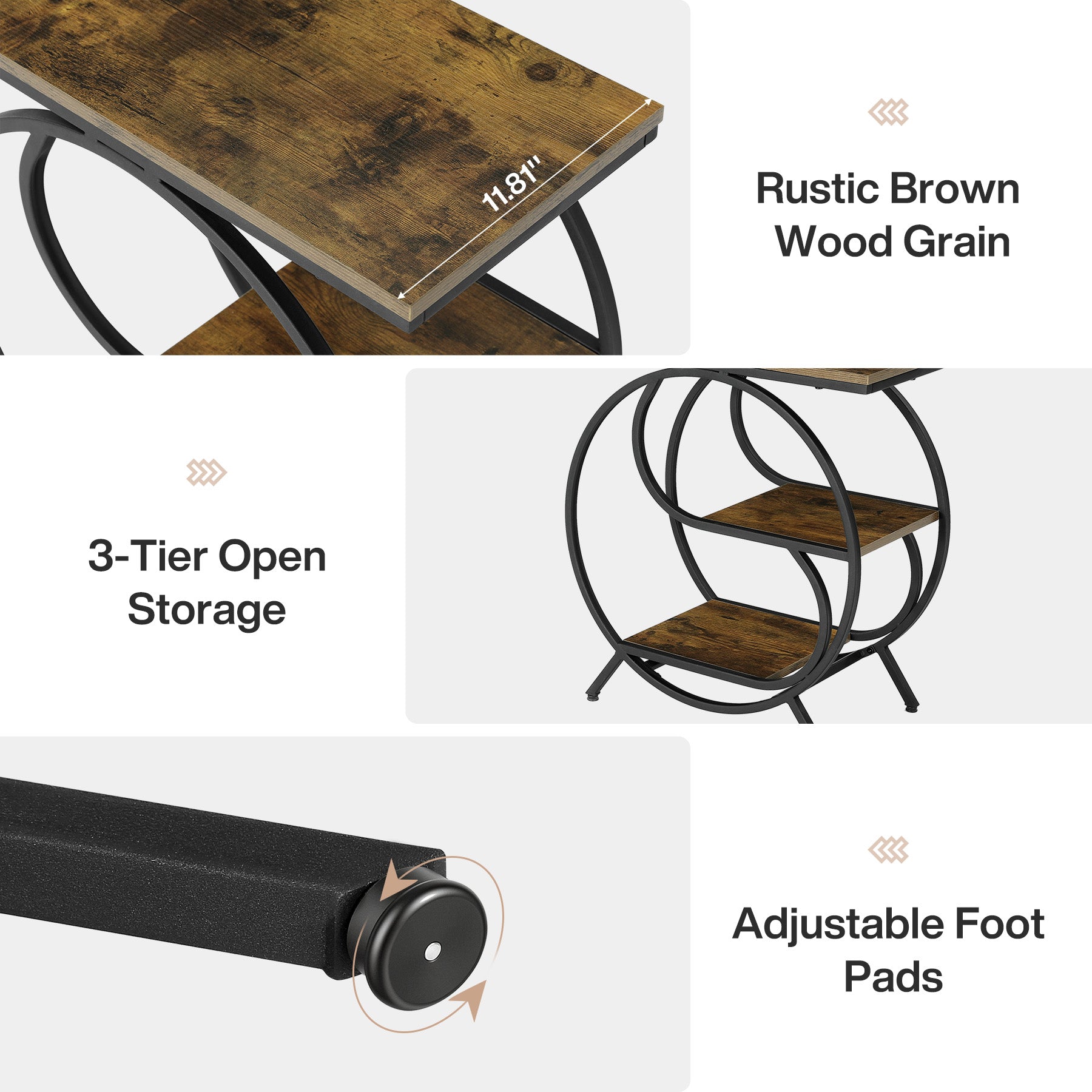 60cm Industrial 3-Tier End Table, Rustic Brown Rectangle Side Table