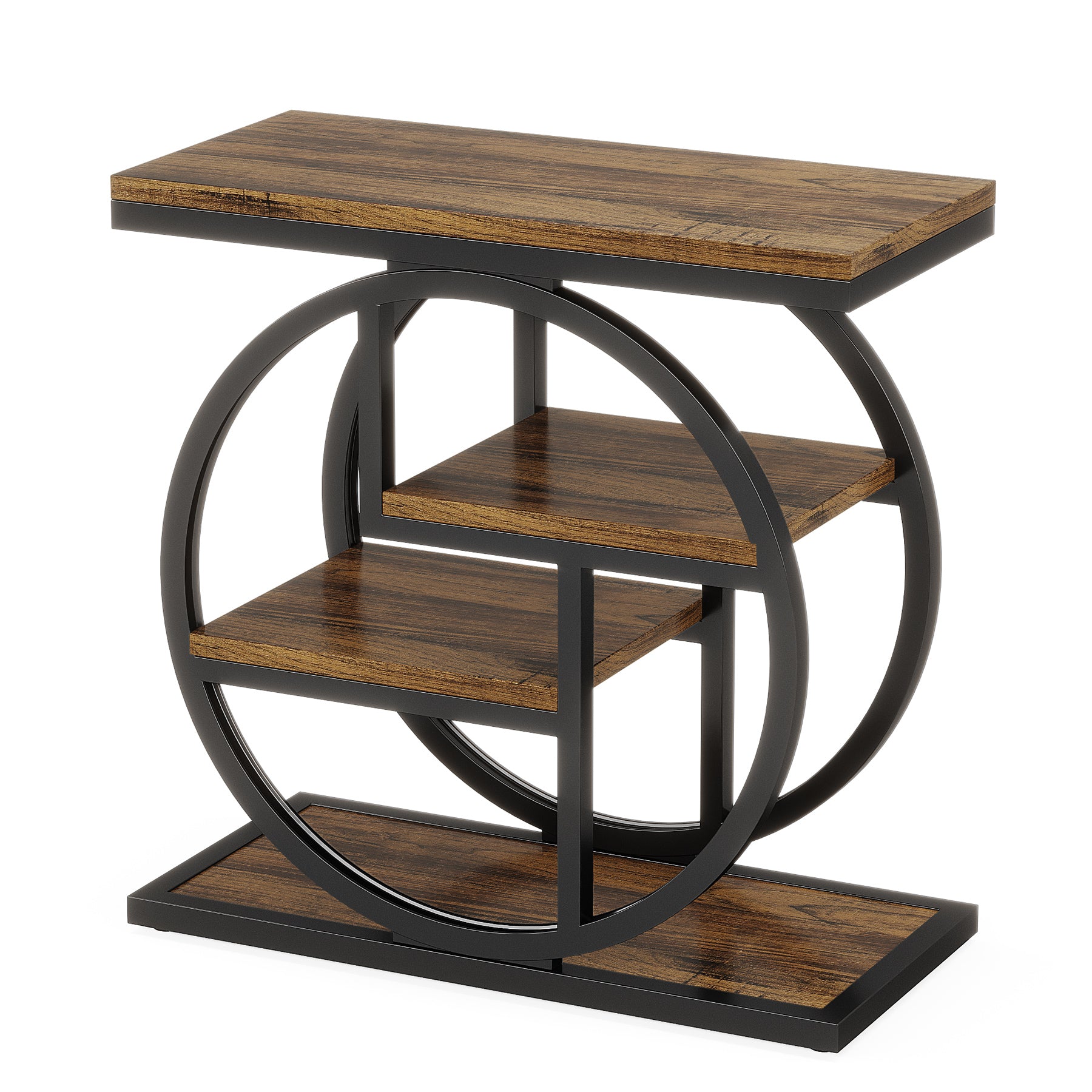 23.6" Industrial 4-Tier End Table - Narrow Wood & Metal Side Table with Storage Shelves, Rustic Brown