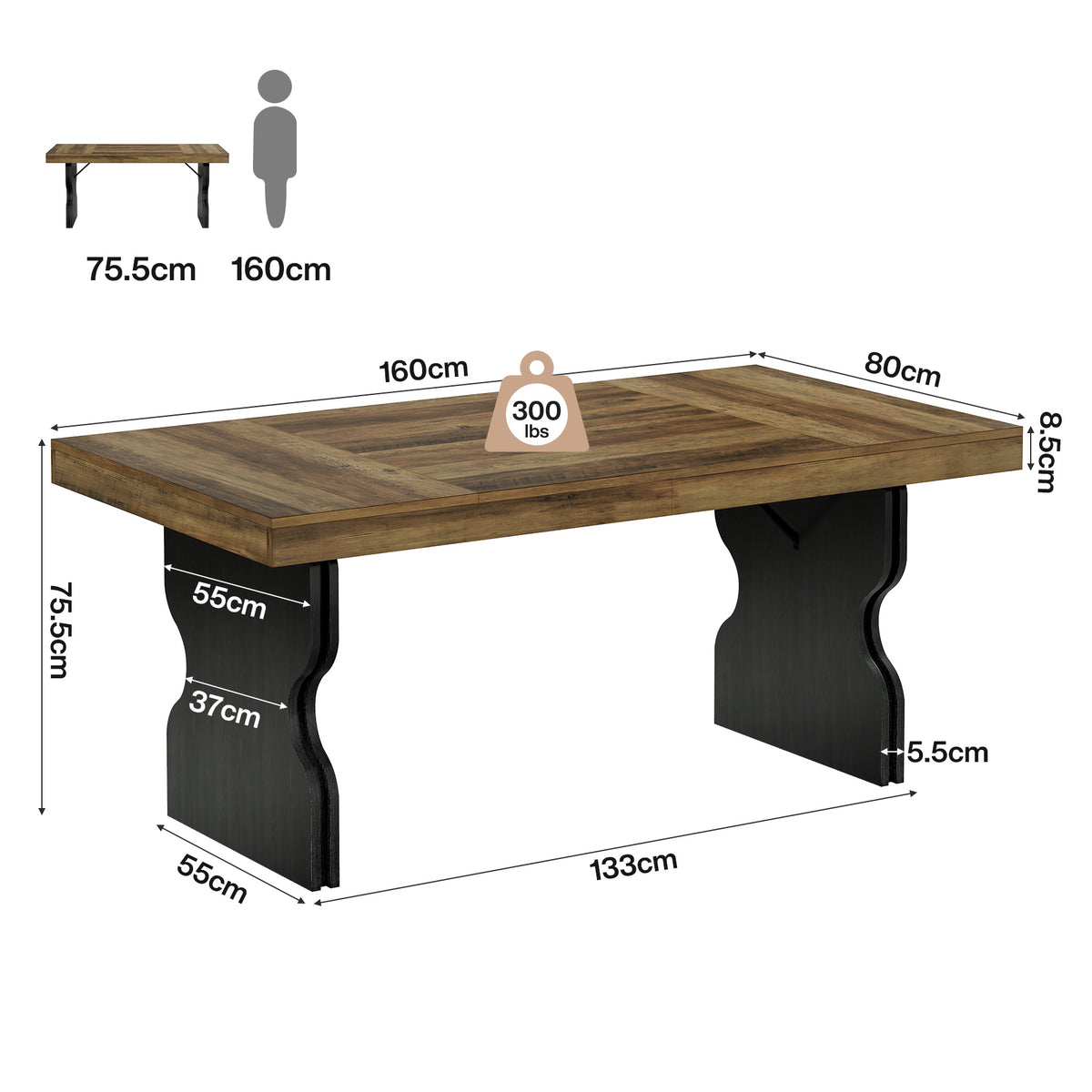 160cm Executive Desk, Farmhouse Wooden Home Office Desk with Hourglass Legs