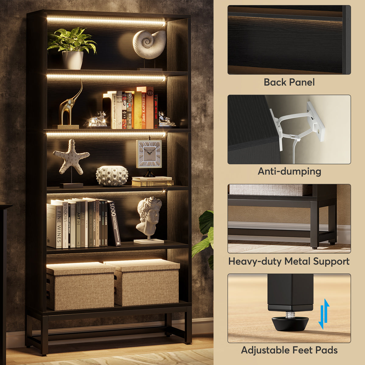 180cm LED Bookshelf, 5-Tier Black Storage Cabinet