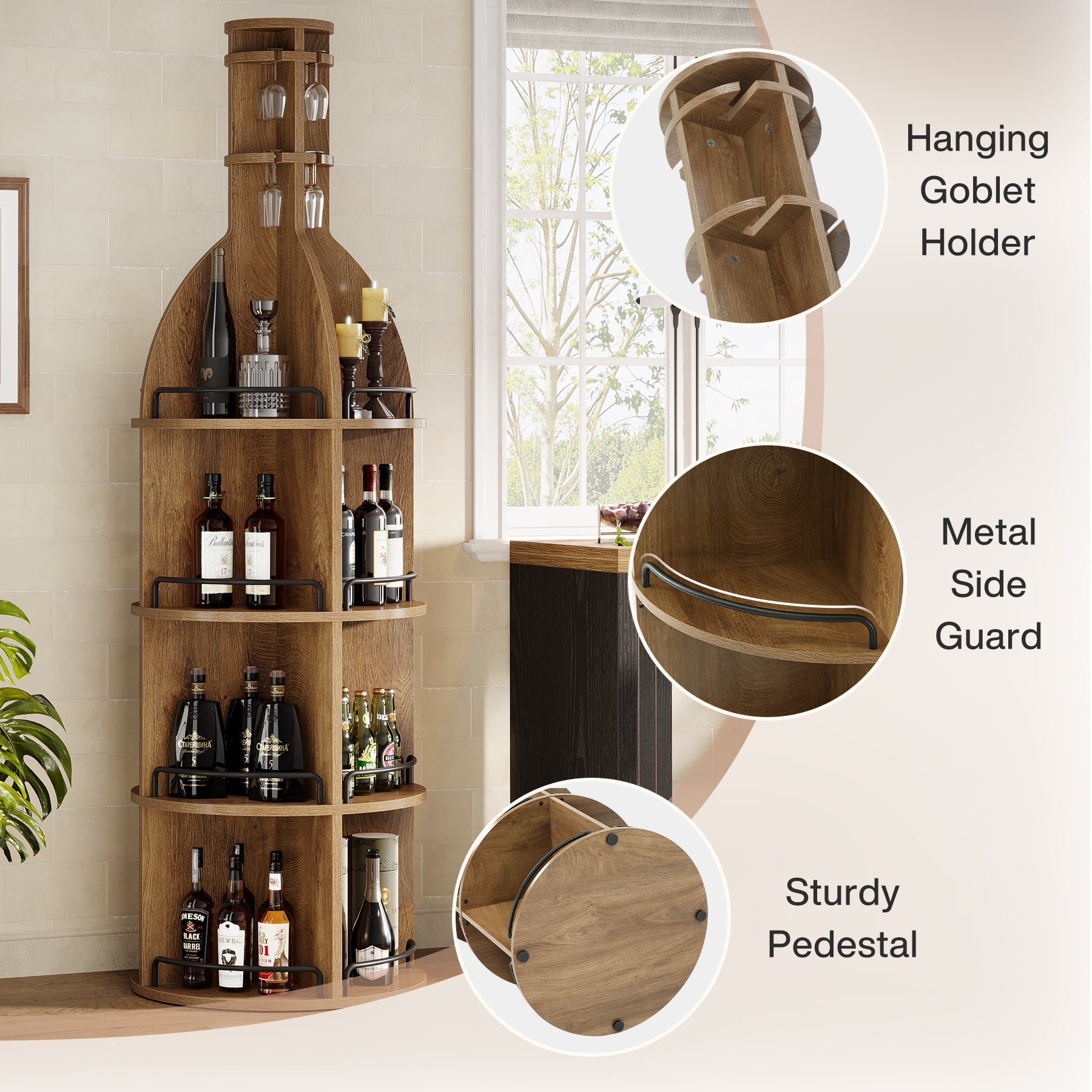 75" Wine Rack with Shelves, Round Wine Cabinet with Hanging Goblet Holder (No Lights)
