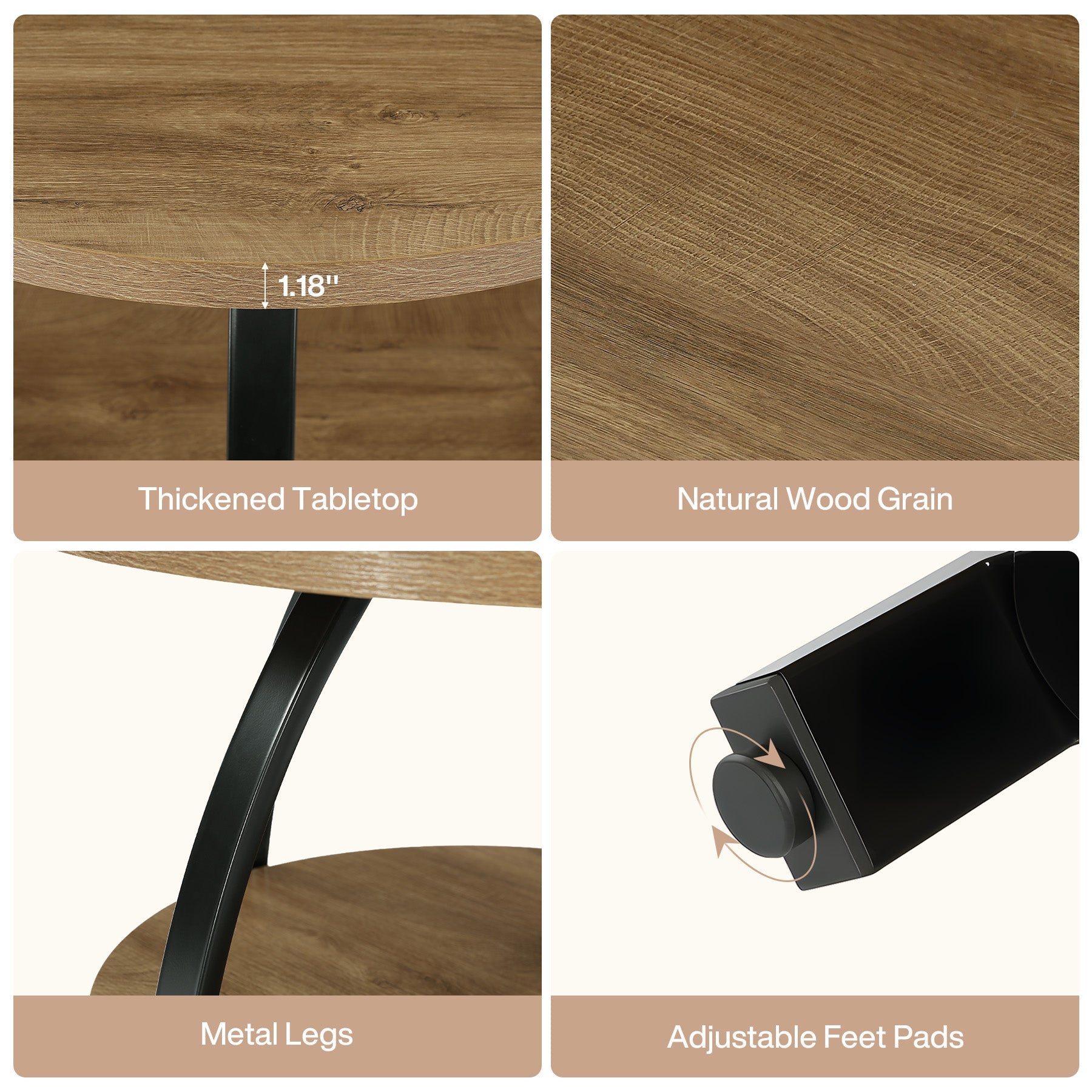 80cm Round Coffee Table, Center Cocktail Table with 2-Tier Storage Shelves