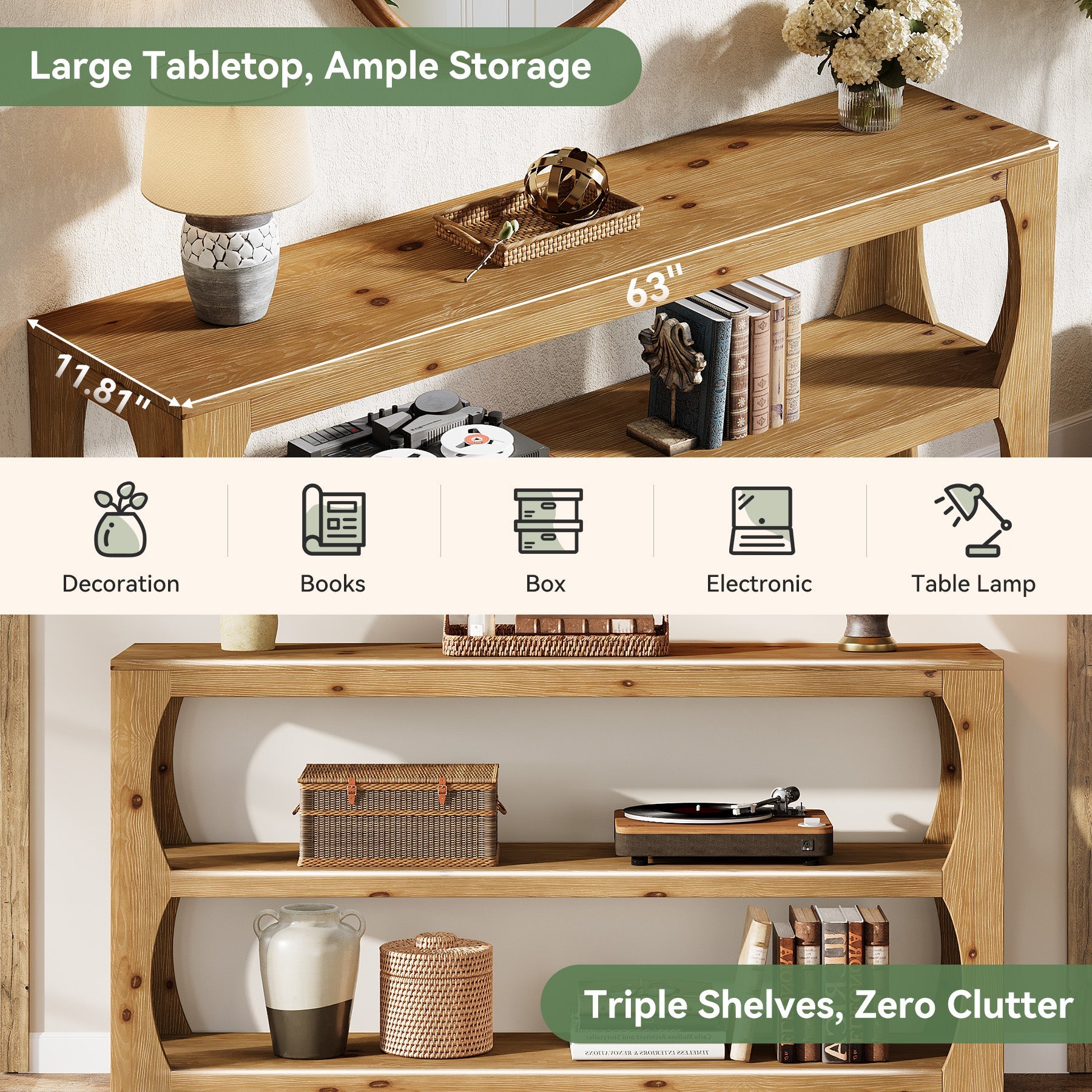 160cm Solid Wood Console Table, Farmhouse Narrow Entryway Sofa Table with 3-Tier Storage