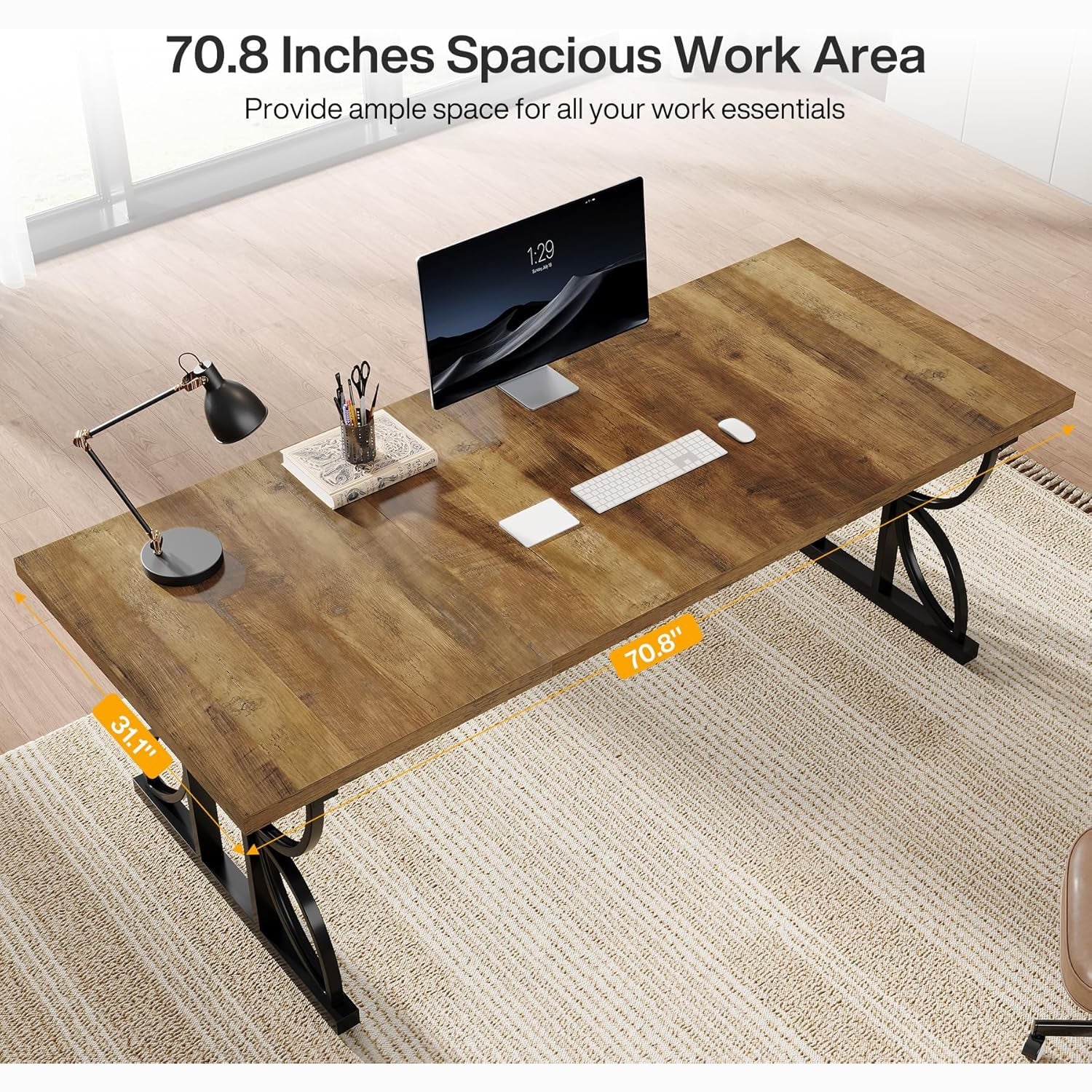 70.8" Industrial Computer Desk, Rustic Brown & Black Metal Frame Workstation