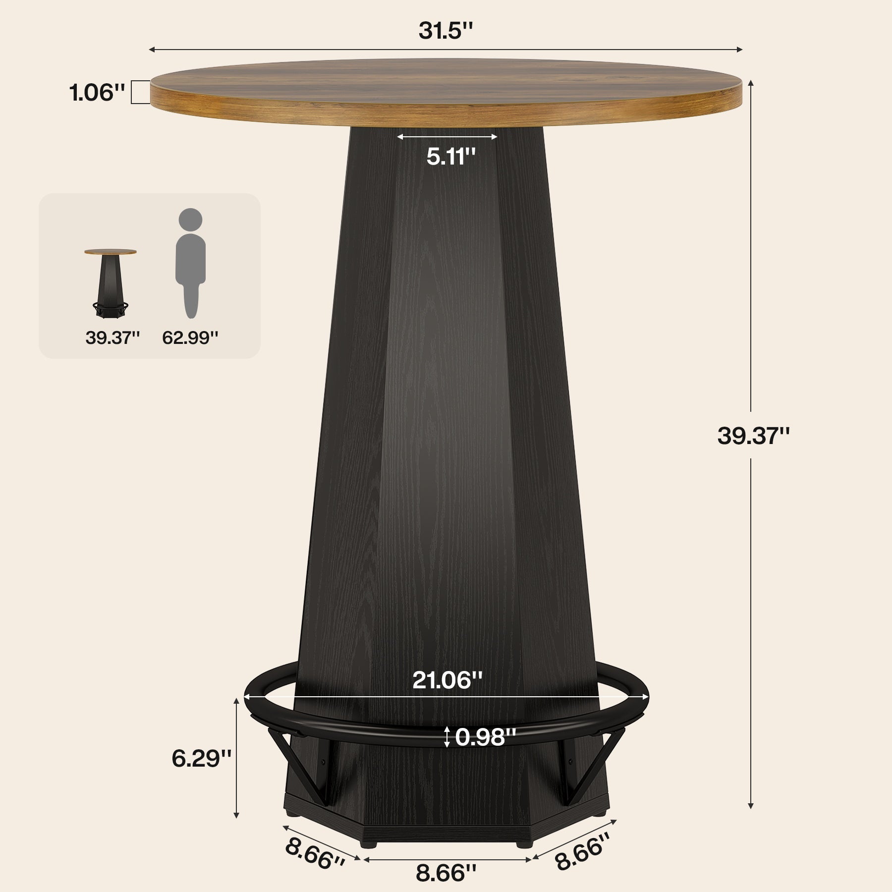 Round Bar Table, 39.4" H Bistro Pub Cocktail Table with Metal Footrest (Only Table)
