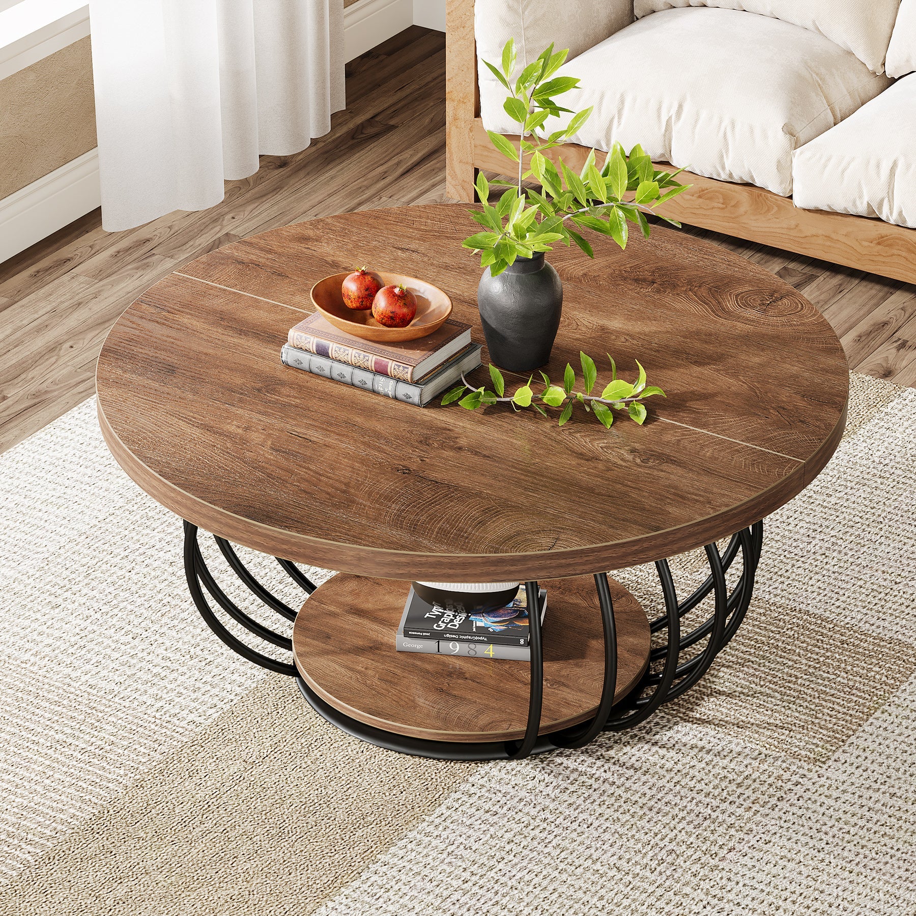 39" Round Coffee Table - 2-Tier Industrial Cocktail Table with Metal Frame, Rustic Brown & Black