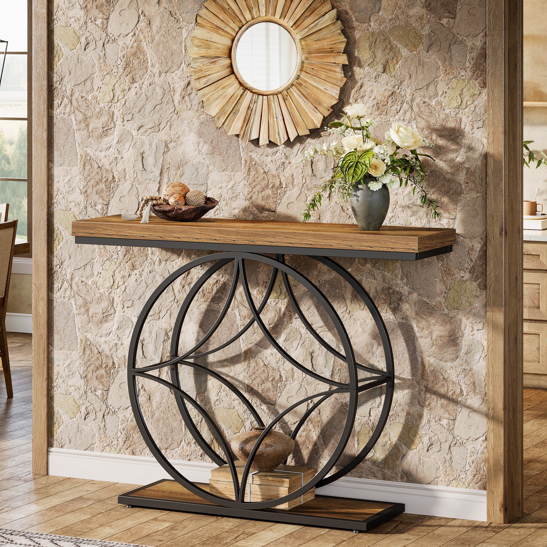47" Console Table, Industrial 2-Tier Sofa Table with Geometric Metal Frame