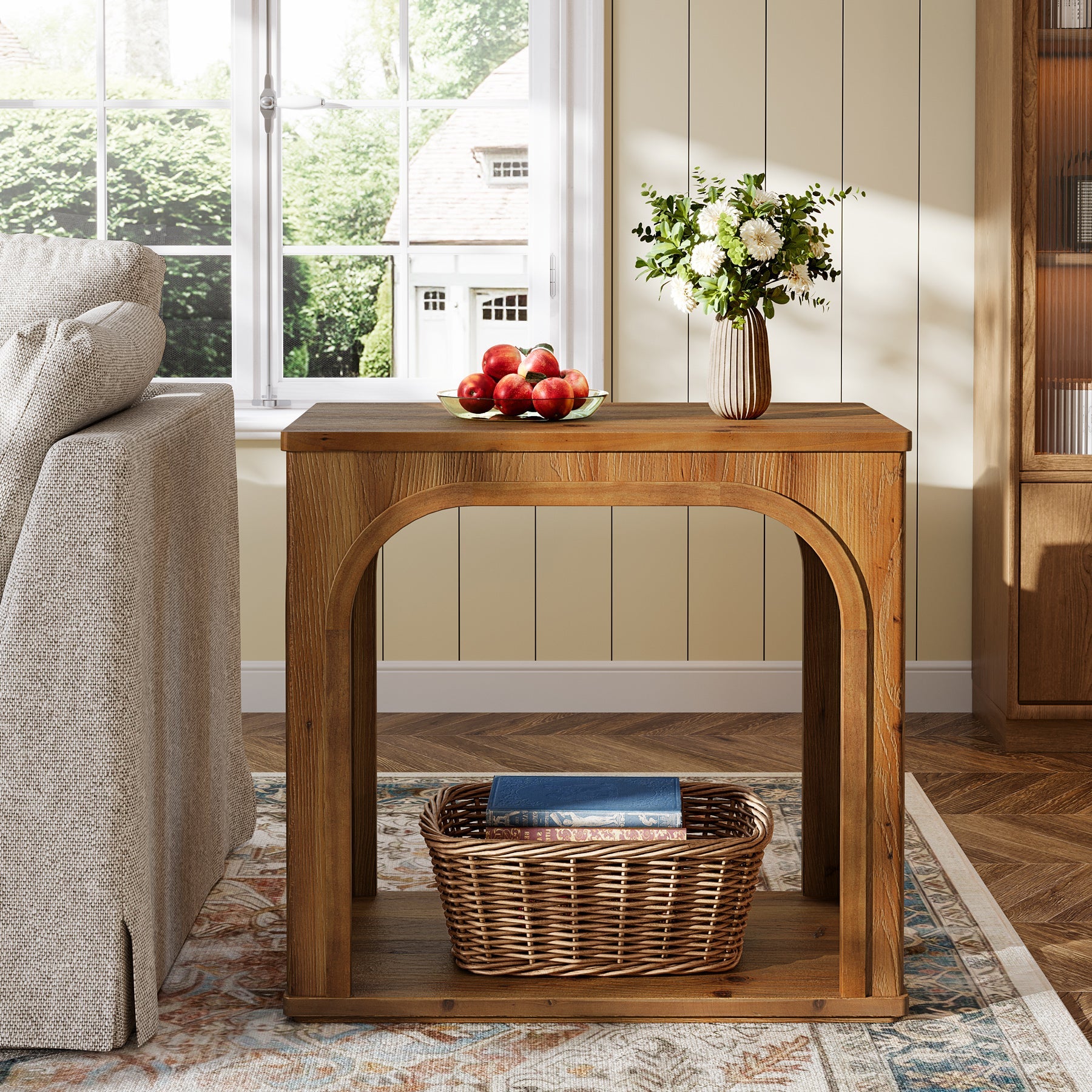 25" Farmhouse Side Table, 2-Tier Solid Wood End Table with Shelf