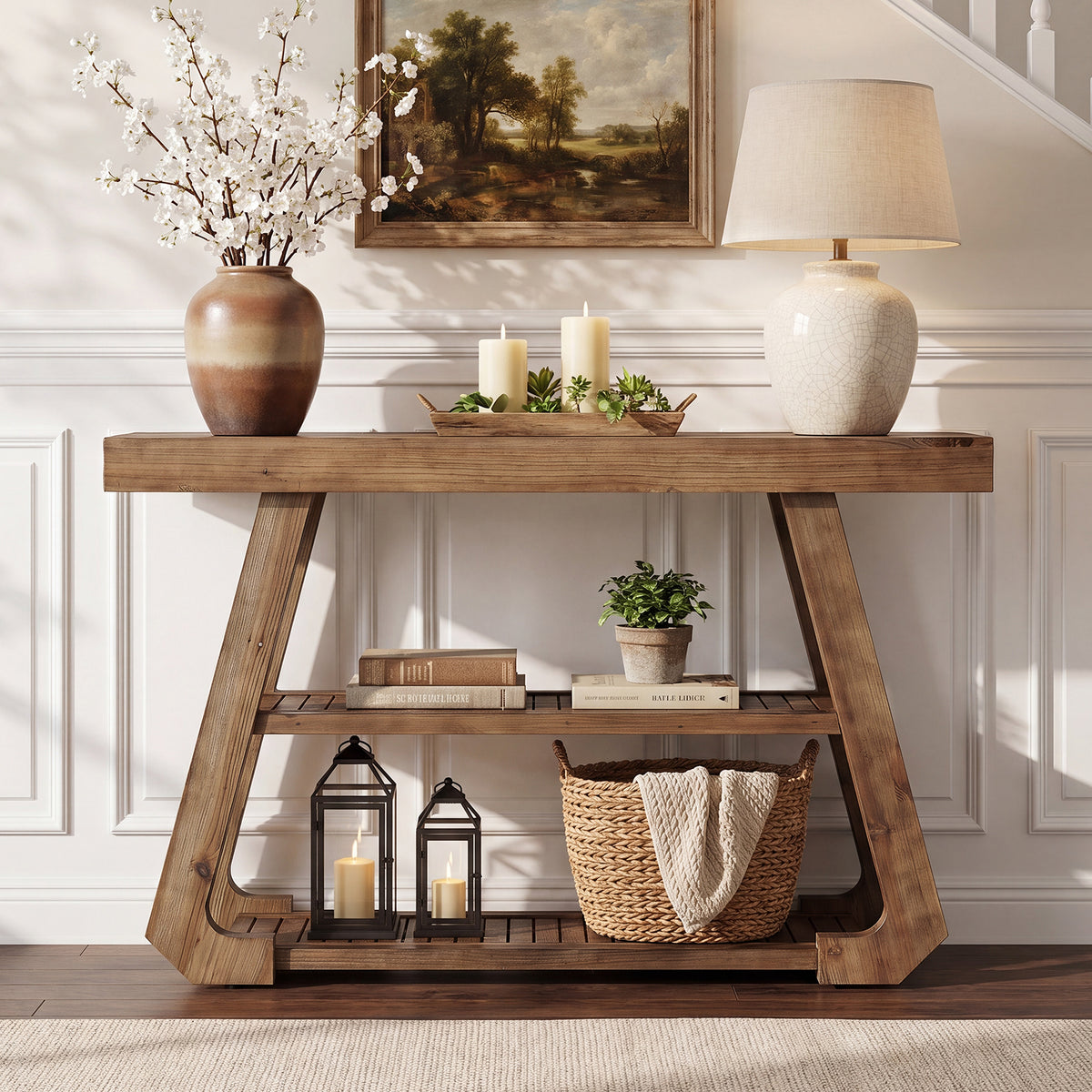 105cm Console Table, Solid Wood 3-Tier Rustic Hallway Table with A-Frame