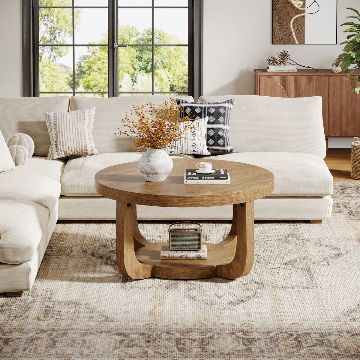 80cm Round Coffee Table, 2-Tier Storage Coffee Table for Living Room & Bedroom