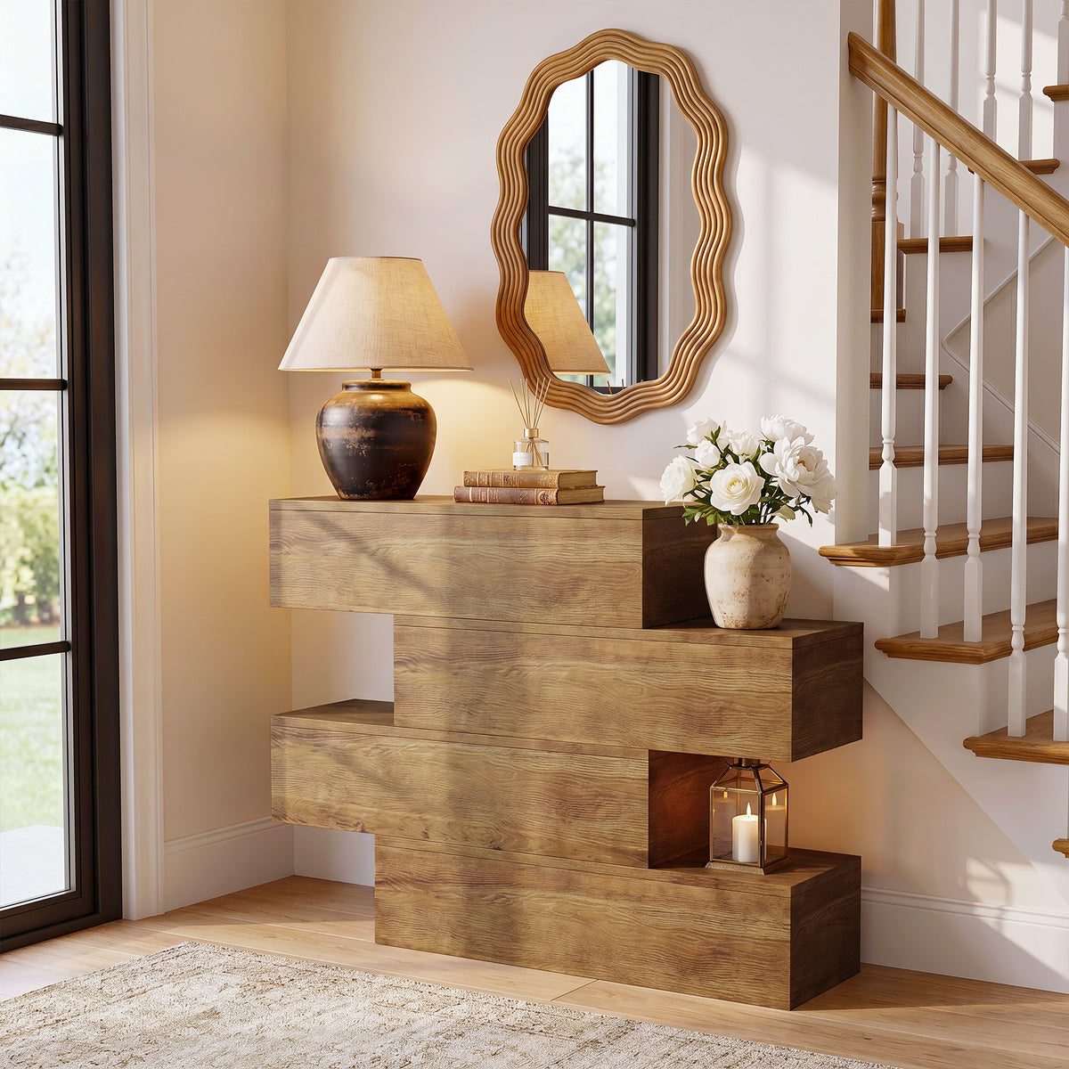 110cm Console Table, Asymmetrical Solid Wood Rustic Sofa Table for Living Room