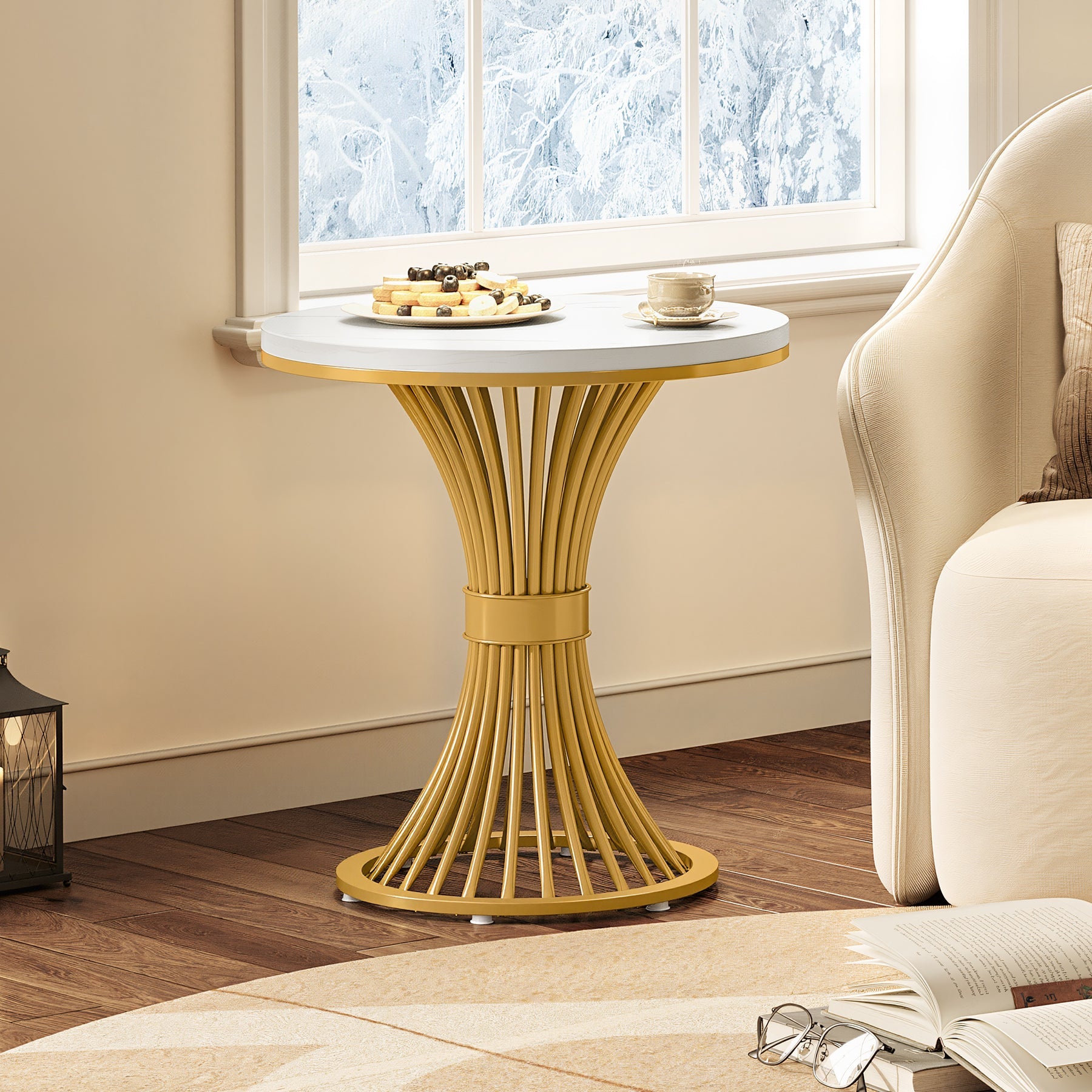 Tribesigns 20-Inch Round End Table, Faux Marble Side Table with Gold Metal Base