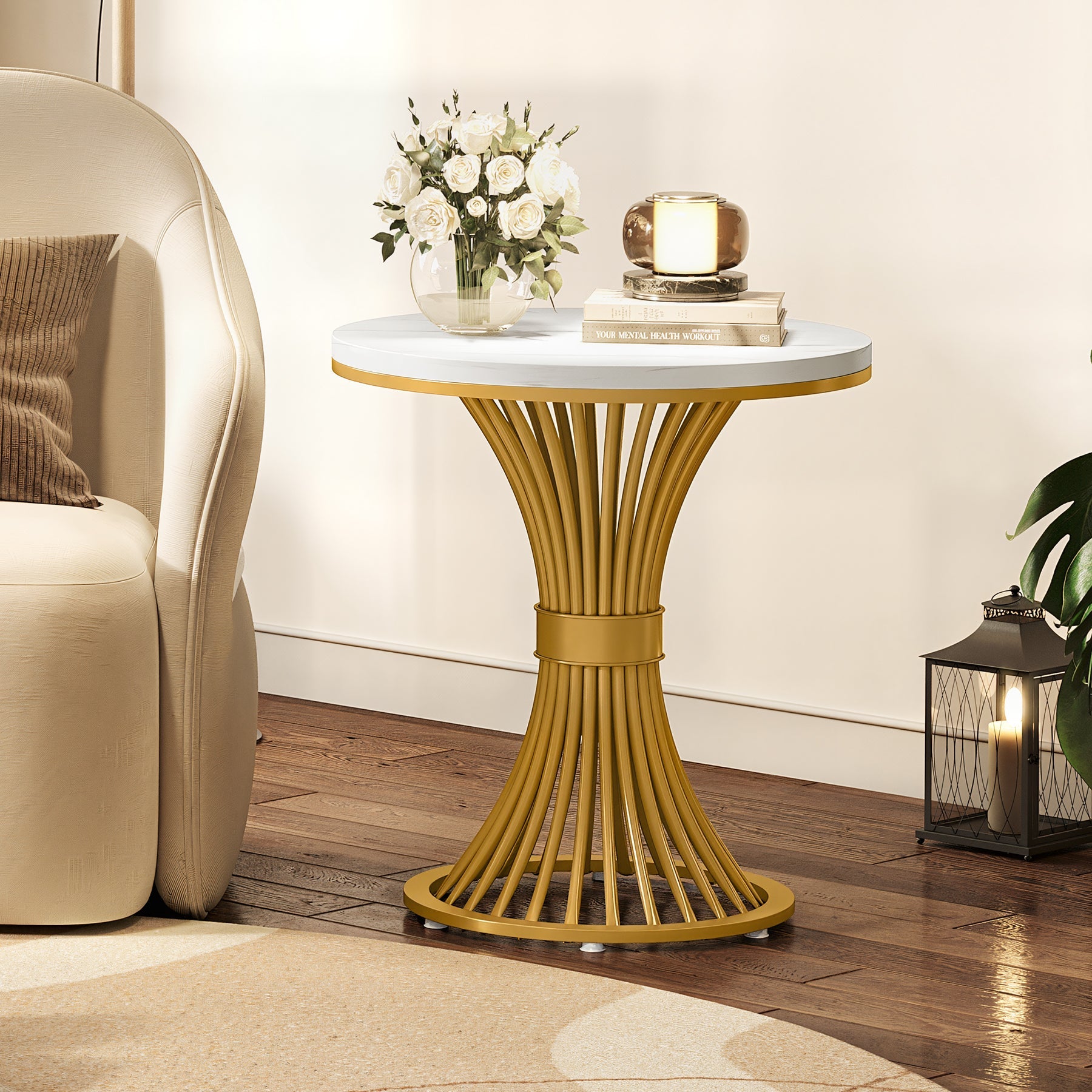 Tribesigns 20-Inch Round End Table, Faux Marble Side Table with Gold Metal Base