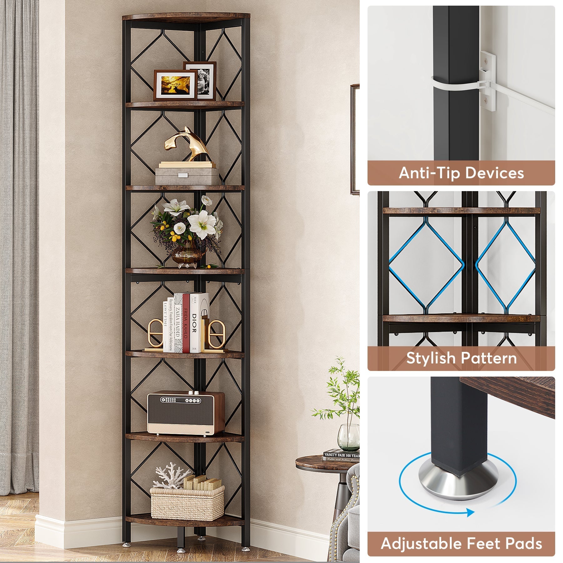 7-Tier Corner Shelf, 78.7” Corner Bookcase Slim Corner Storage Rack Tribesigns