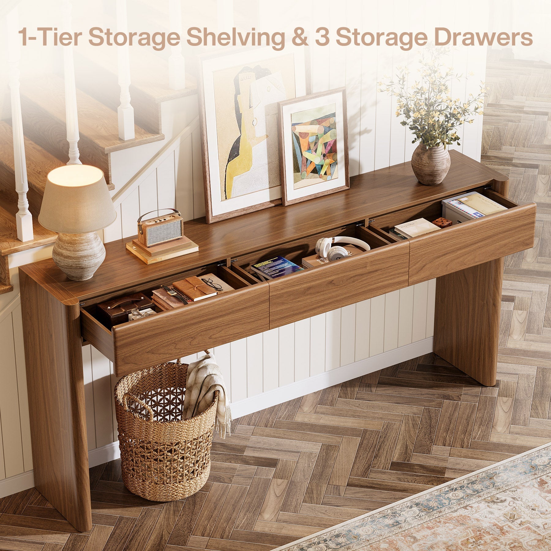 70.9" Console Table, Wooden Sofa Entryway Table with 3 Drawers