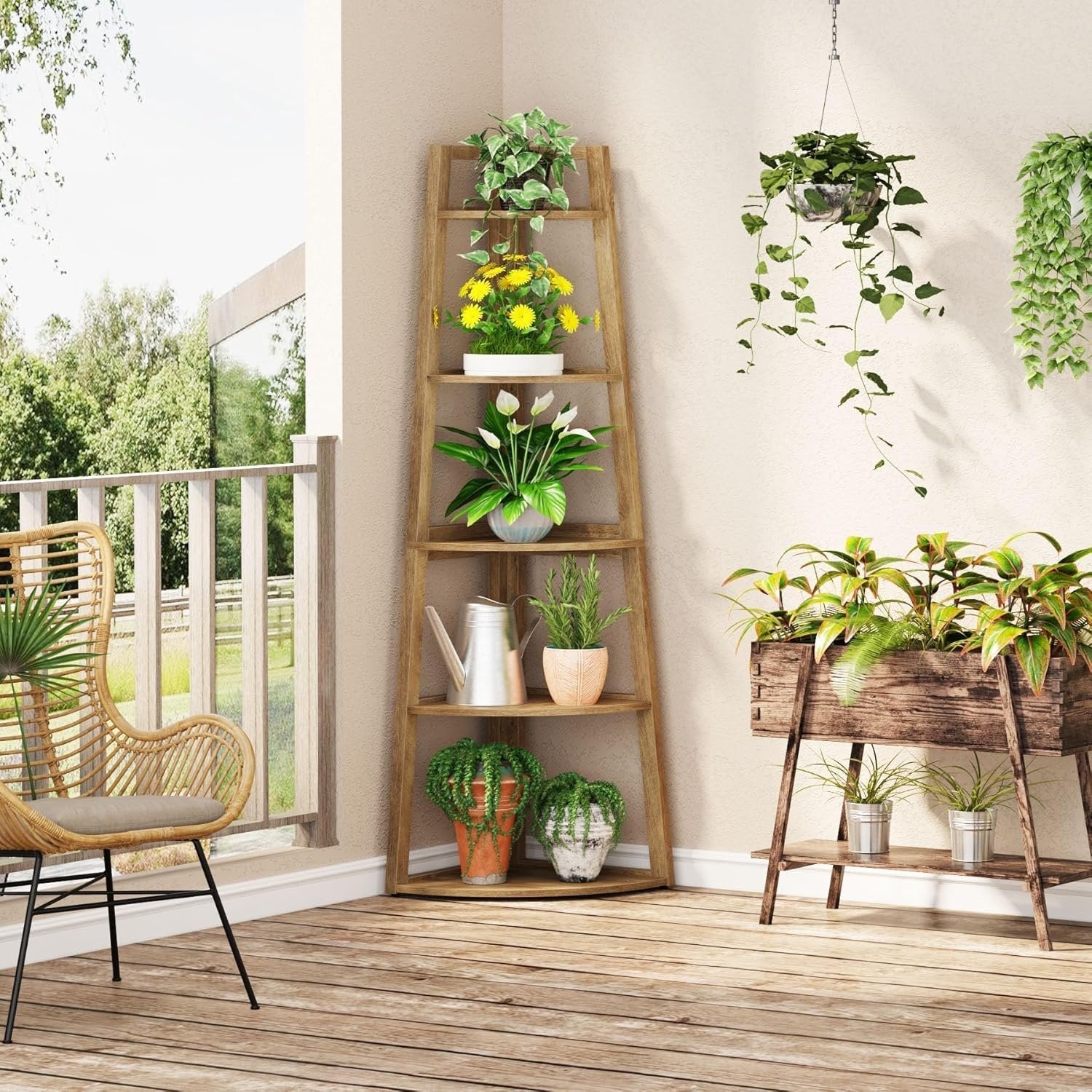 70" Tall Corner Bookshelf, 5 Tier Modern Corner Bookcase Ladder Shelf Plant Stand
