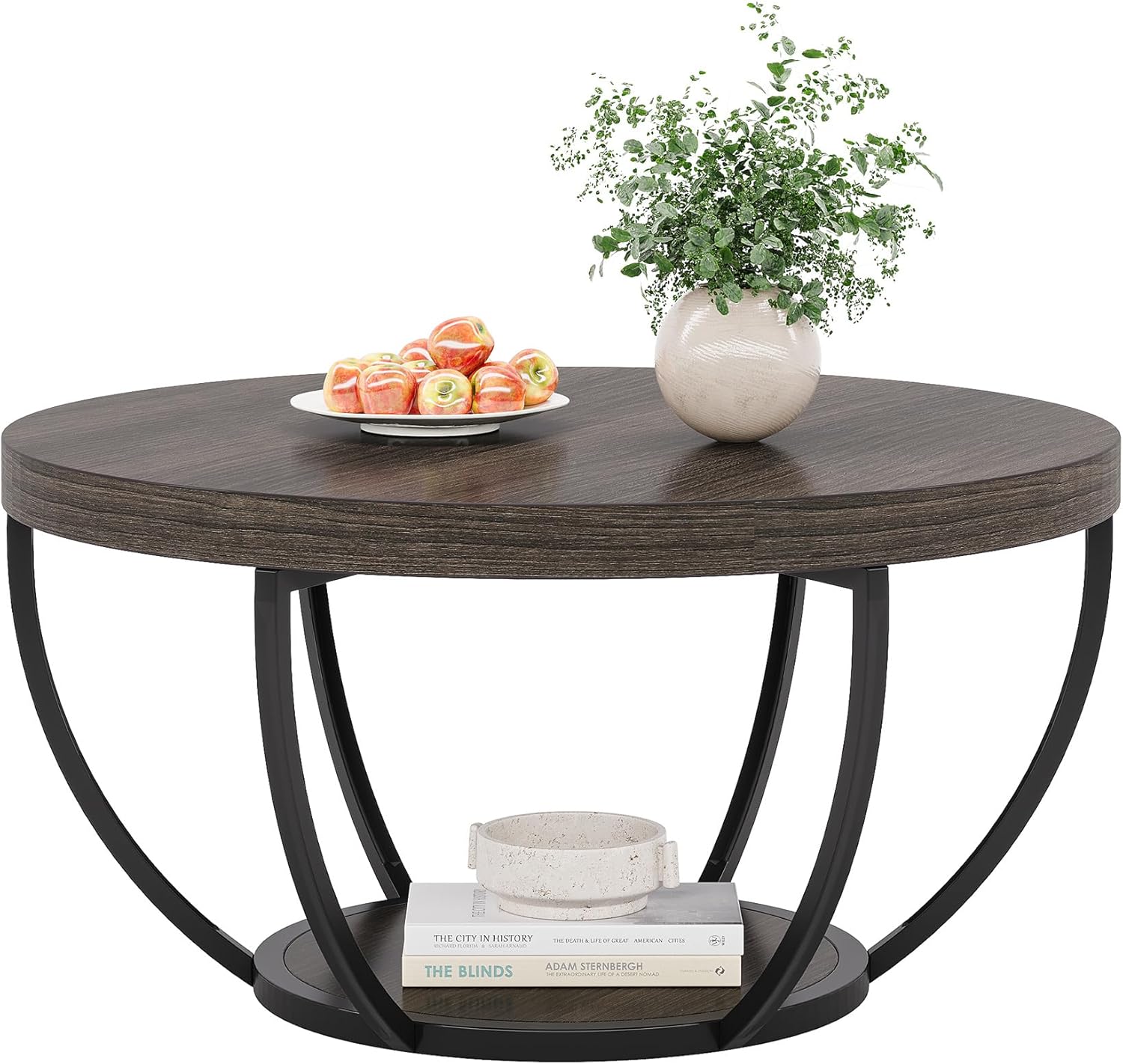 31.69" Round Wooden Coffee Table, 2-Tier Central Cocktail Table with Shelves