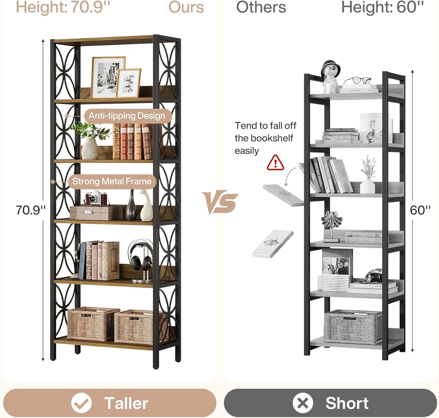 70.8" Bookcase, 6 - Tier Home Office Bookshelf Etagere Display Shelf Tribesigns