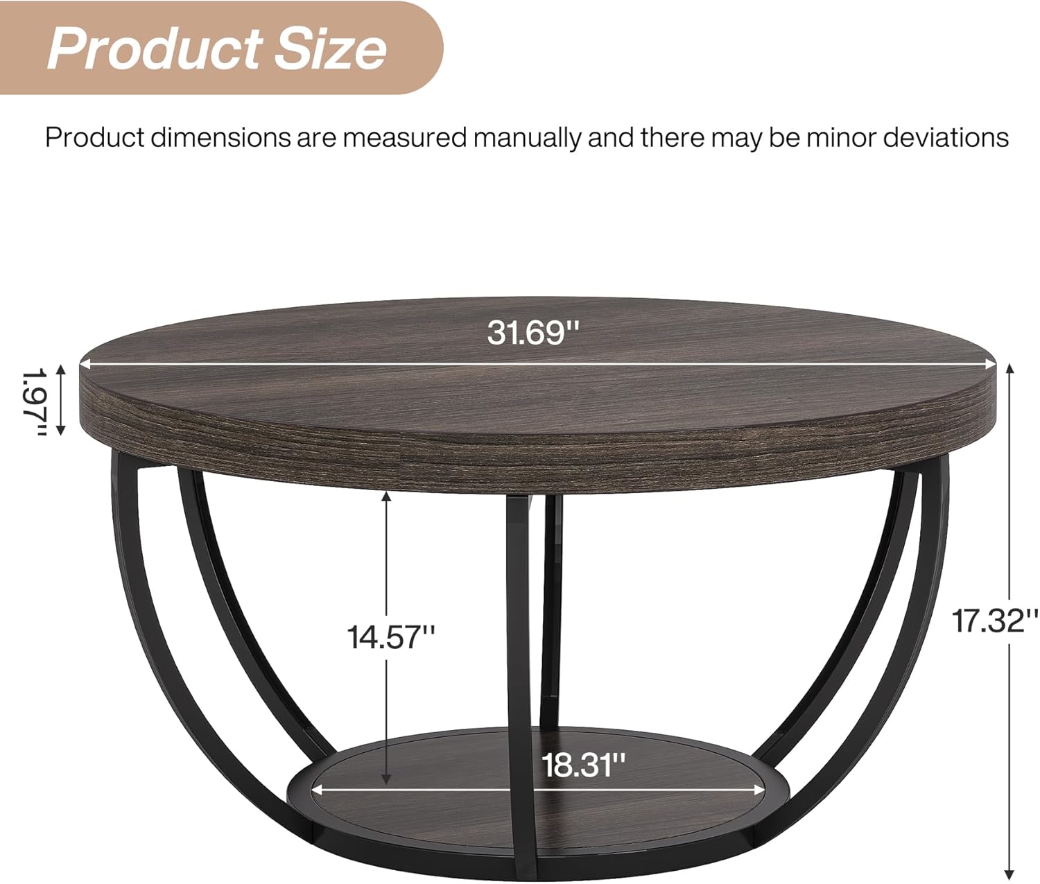 31.69" Round Wooden Coffee Table, 2-Tier Central Cocktail Table with Shelves