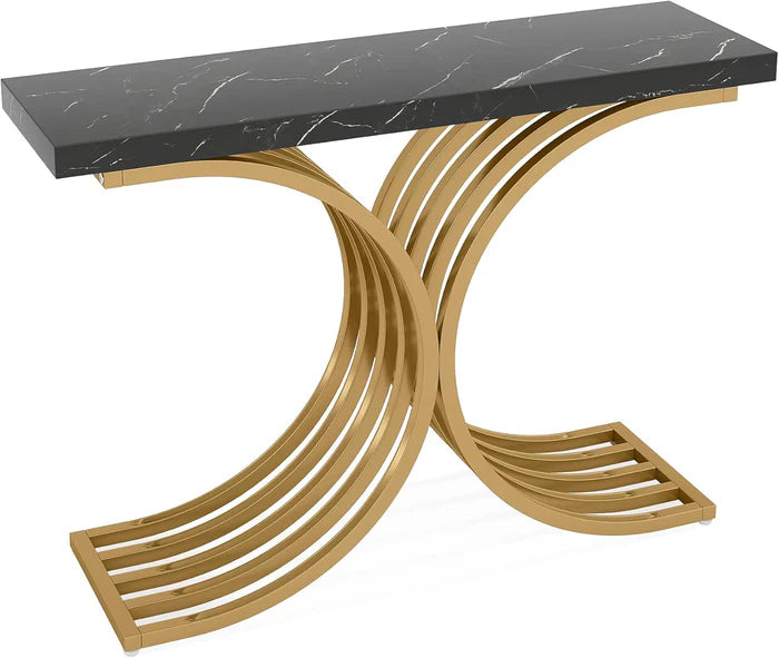 39” Gold Entryway Table, Faux Marble Narrow Wood Sofa Table Foyer Table for Entrance & Living Room
