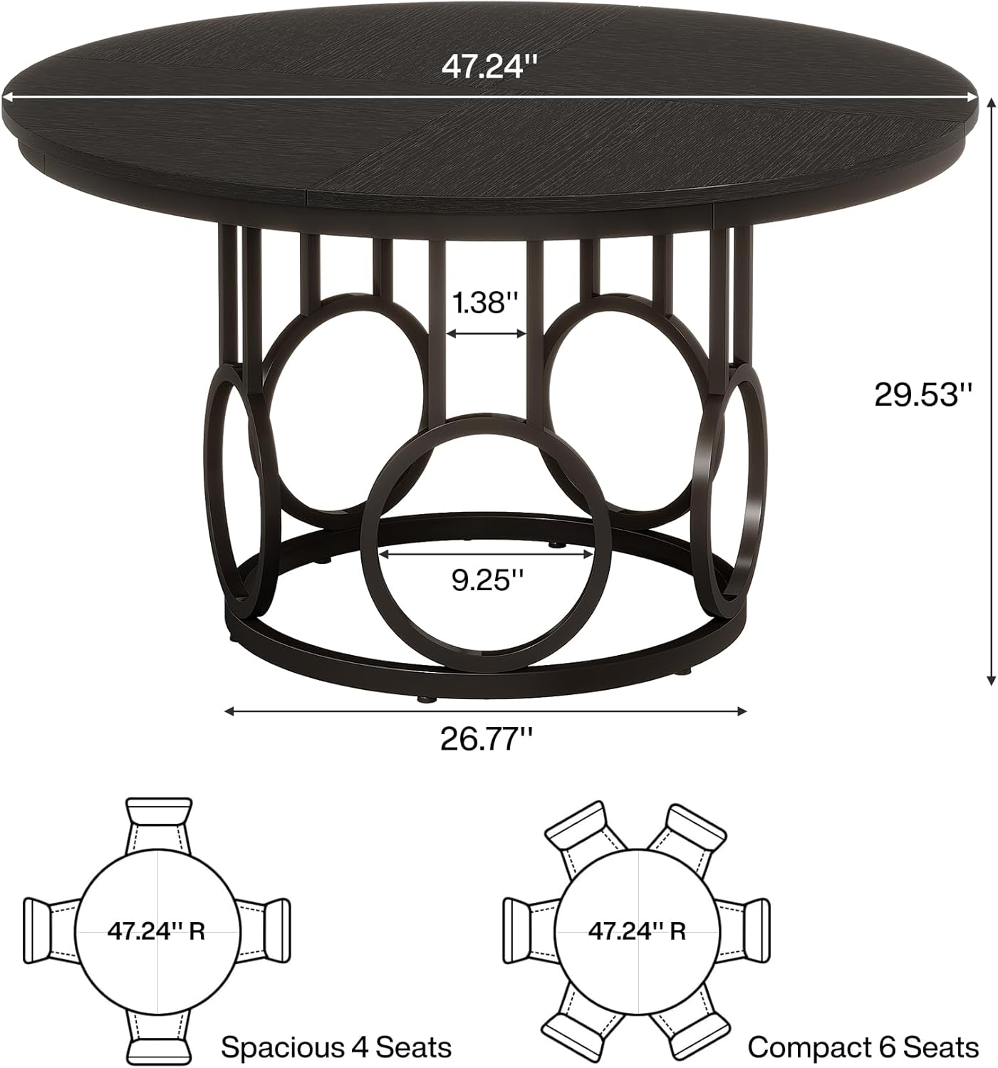 47" Wood Dining Table, Round Kitchen Table for 4-6 People