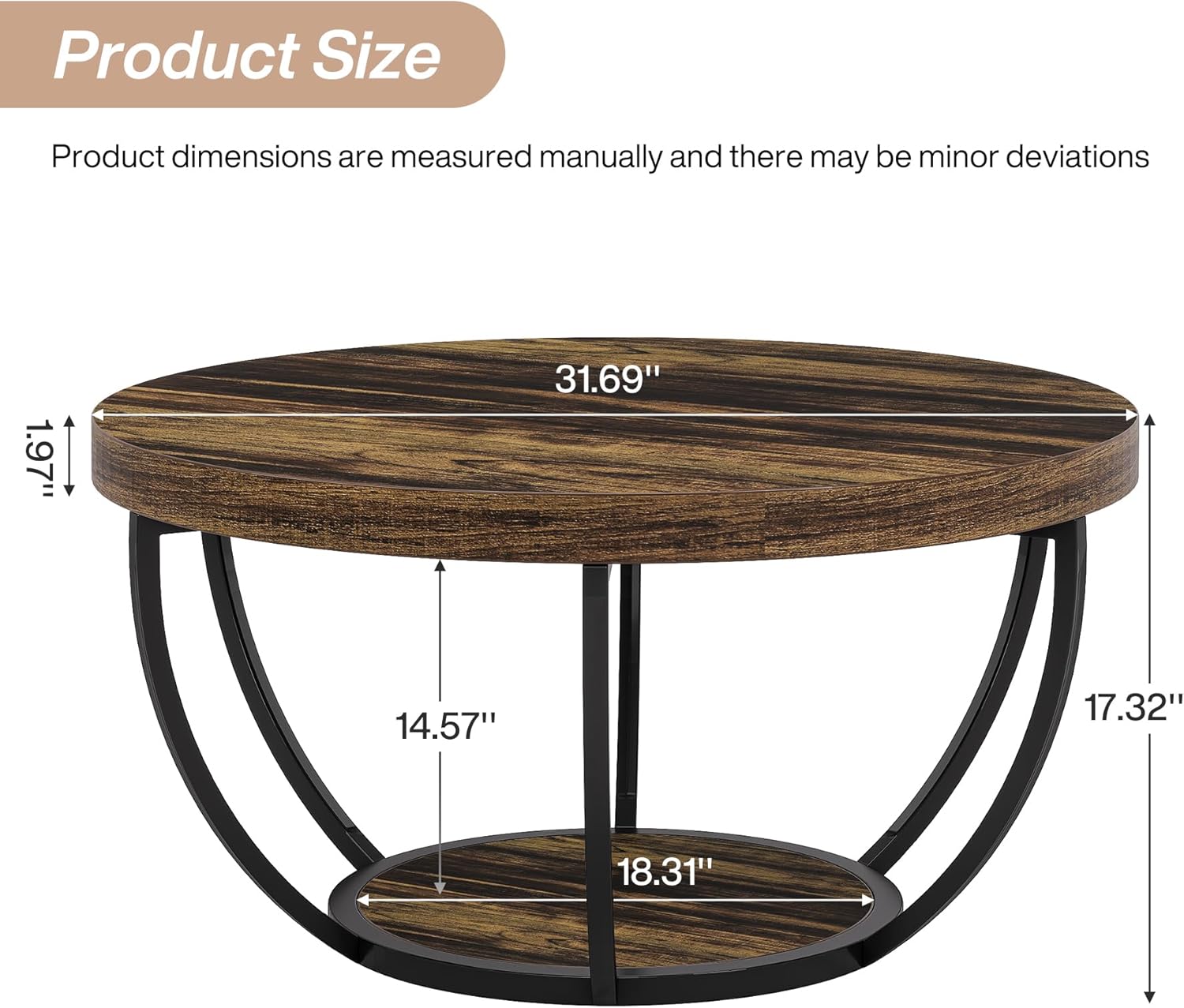 31.69" Round Wooden Coffee Table, 2-Tier Central Cocktail Table with Shelves