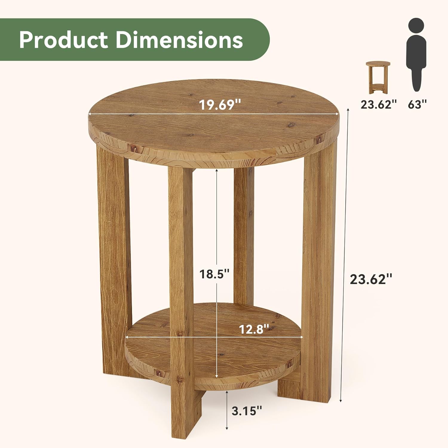 50cm 2-Tier Round End Table, Wooden Accent Table & Night Table for Living Room