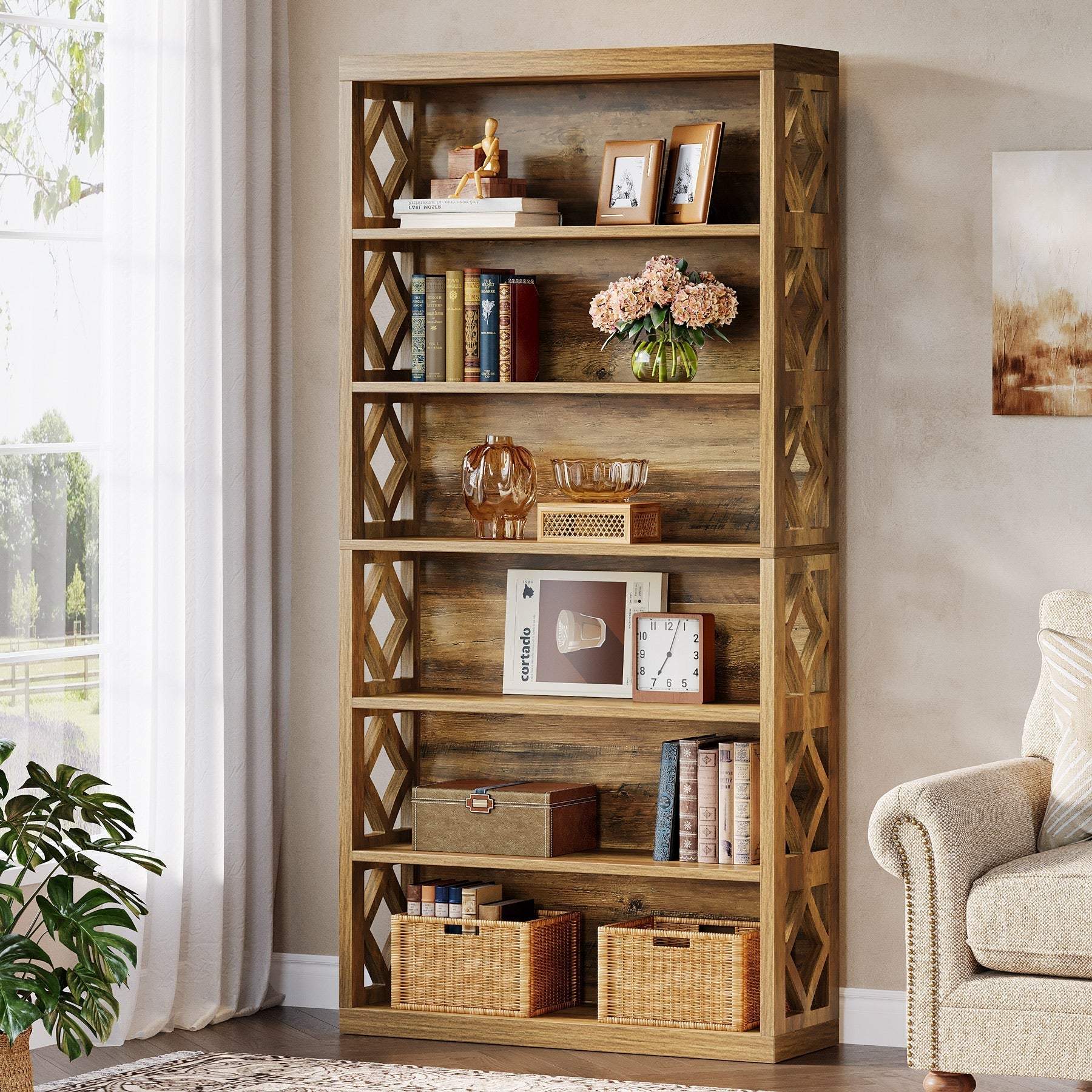 74.8" Bookshelf, 6 - Tier Bookcase Standing Open Display Storage Shelves Tribesigns