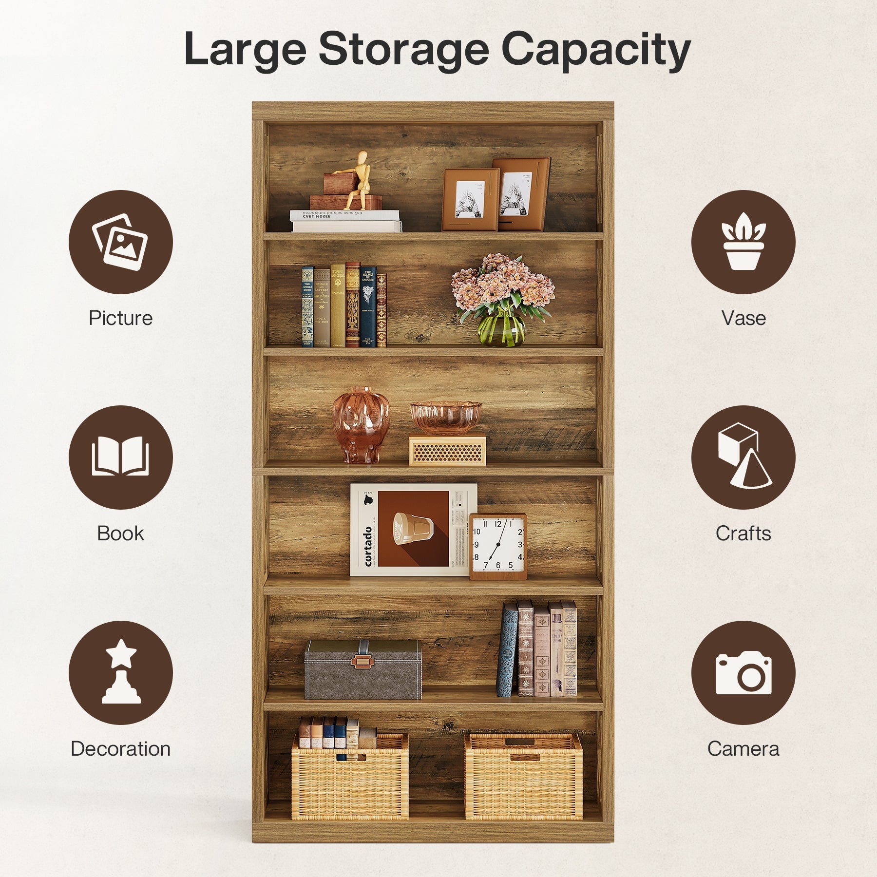 74.8" Bookshelf, 6 - Tier Bookcase Standing Open Display Storage Shelves Tribesigns