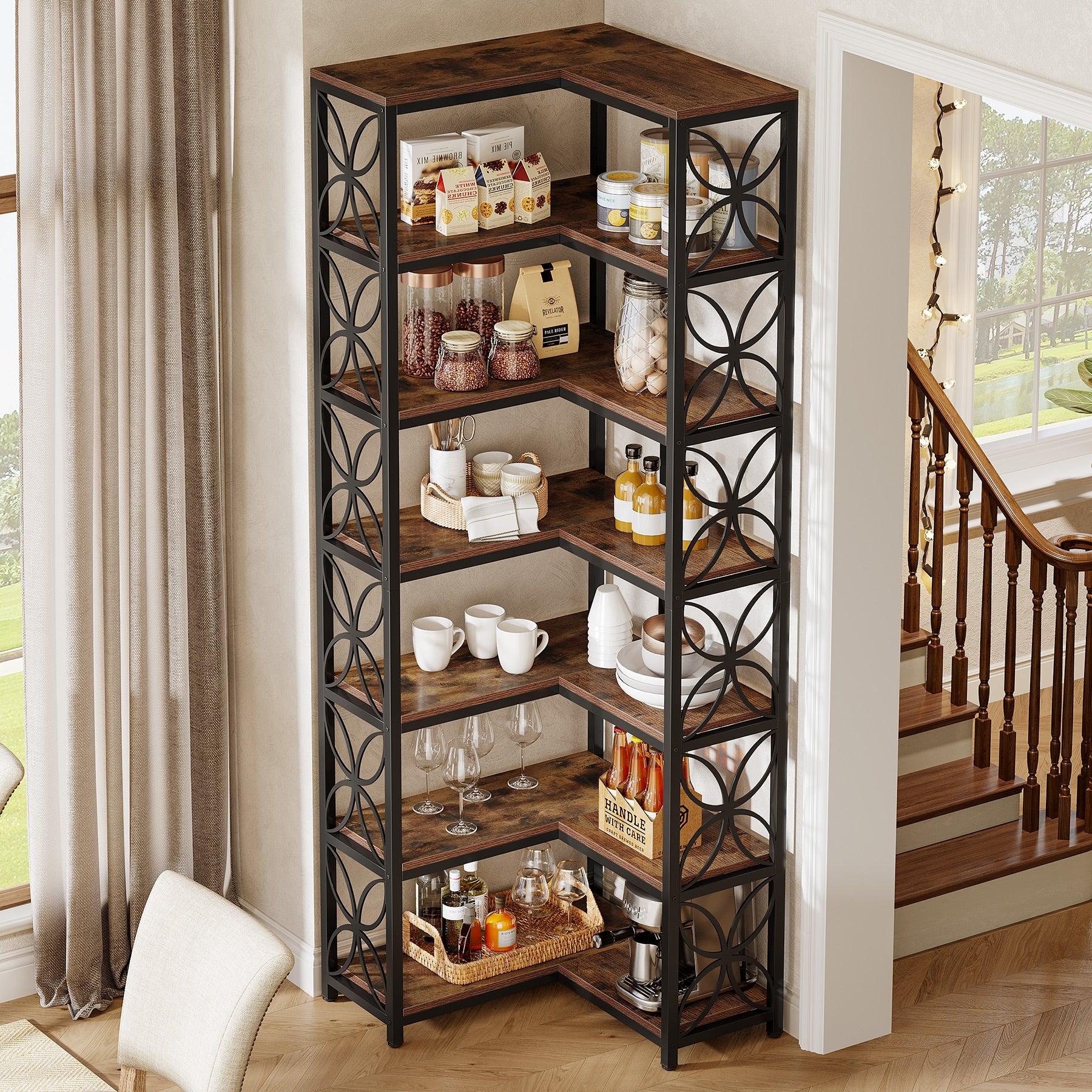 79" 7-Tier L-Shaped Corner Bookshelf, Tall Wood Bookcase with Metal Frame for Living Room or Office