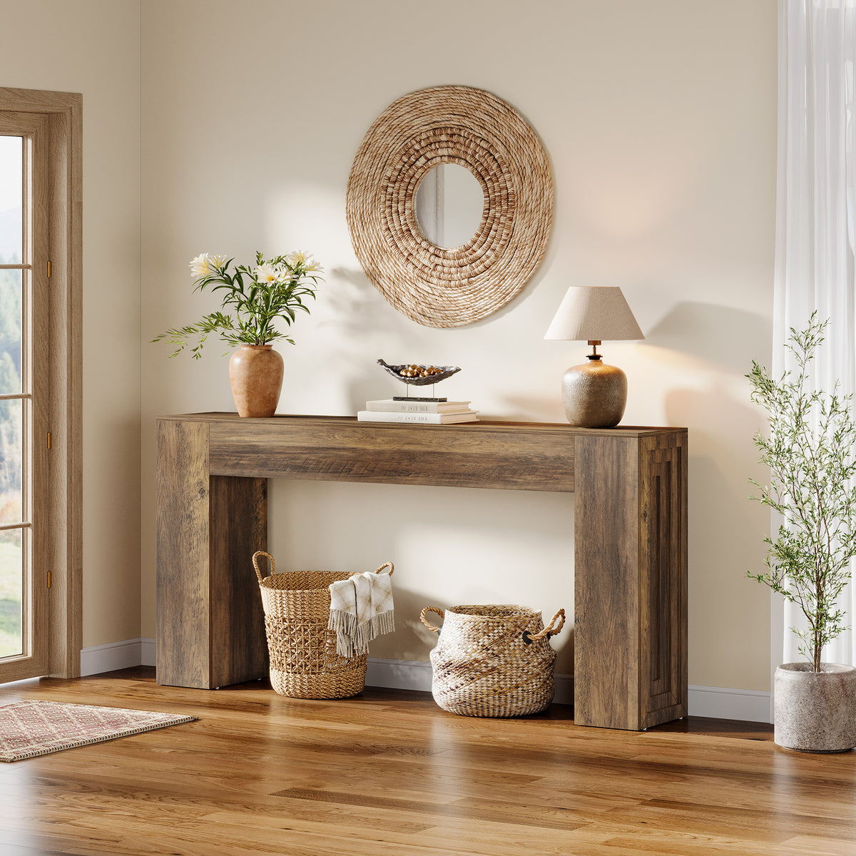 63" Farmhouse Console Table, Narrow Sofa Table with Natural Brown Finish for Entryway