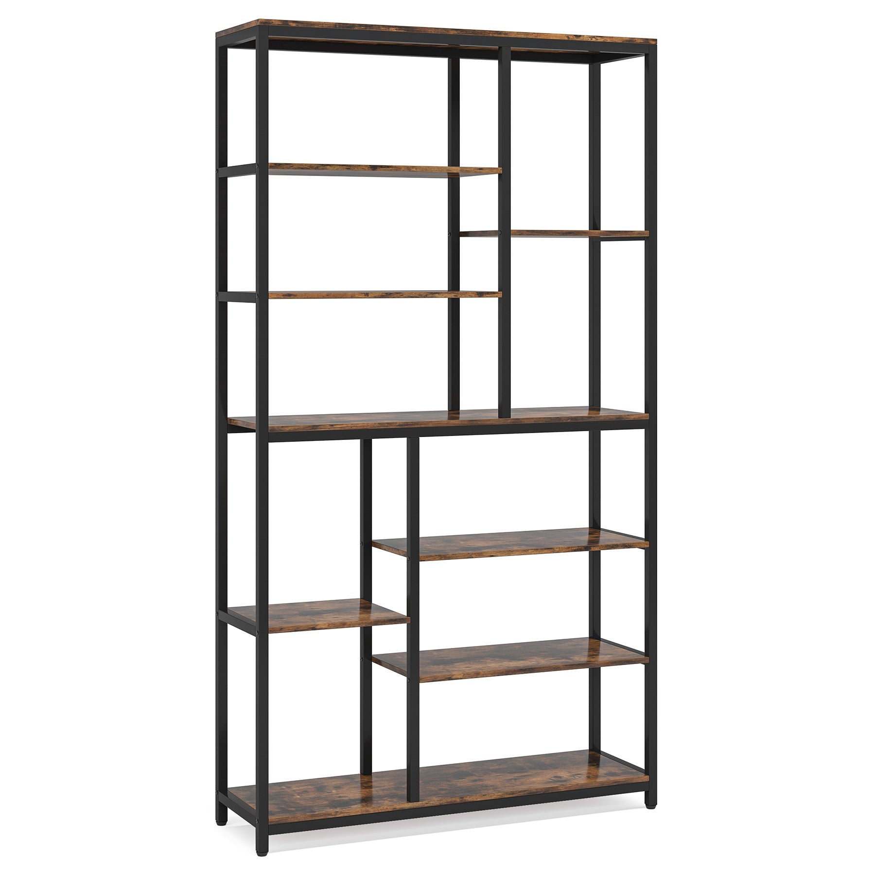 79" Industrial Bookcase, 8-Shelf Staggered Wood & Metal Display Shelf