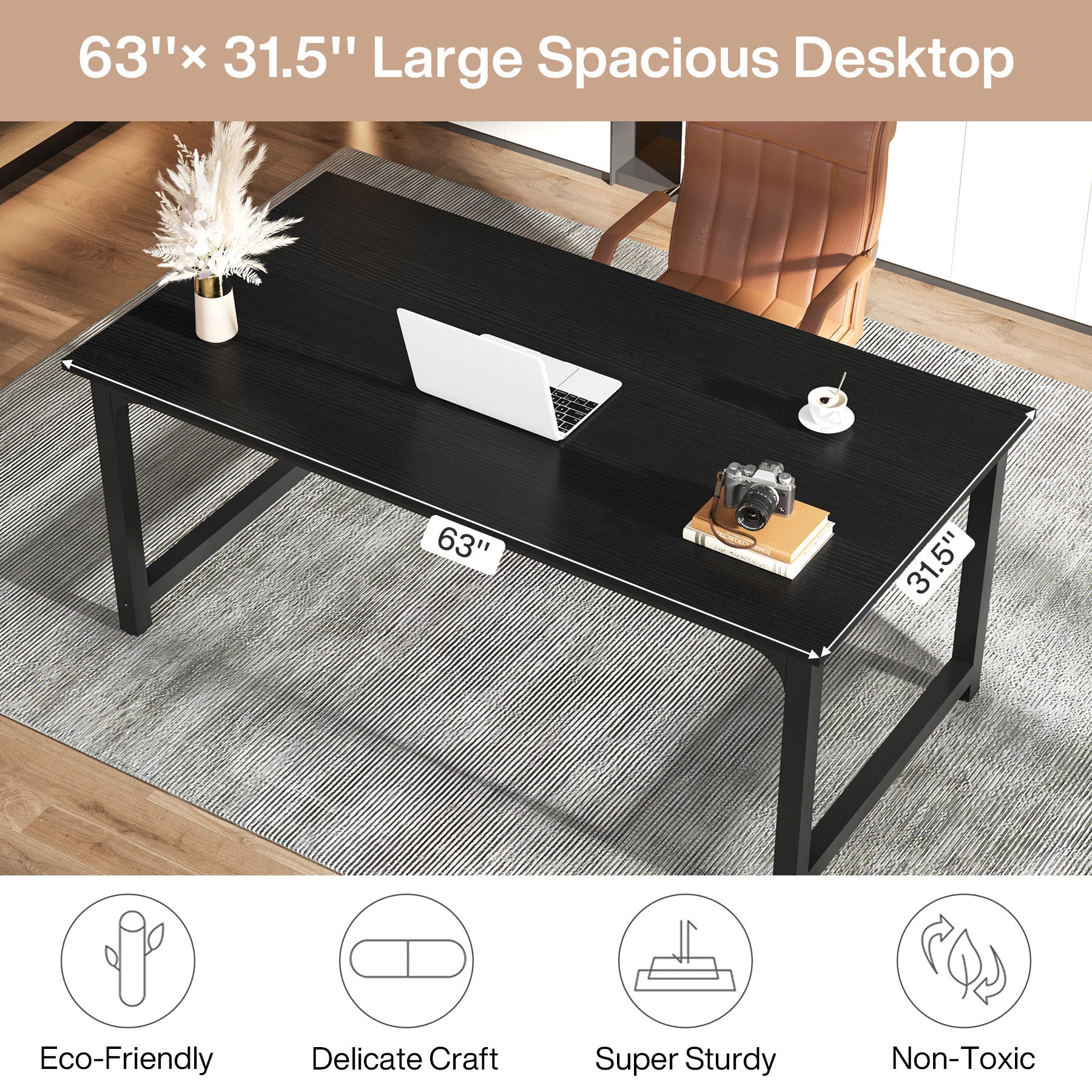 63" Large Office Desk, Industrial Writing Workstation