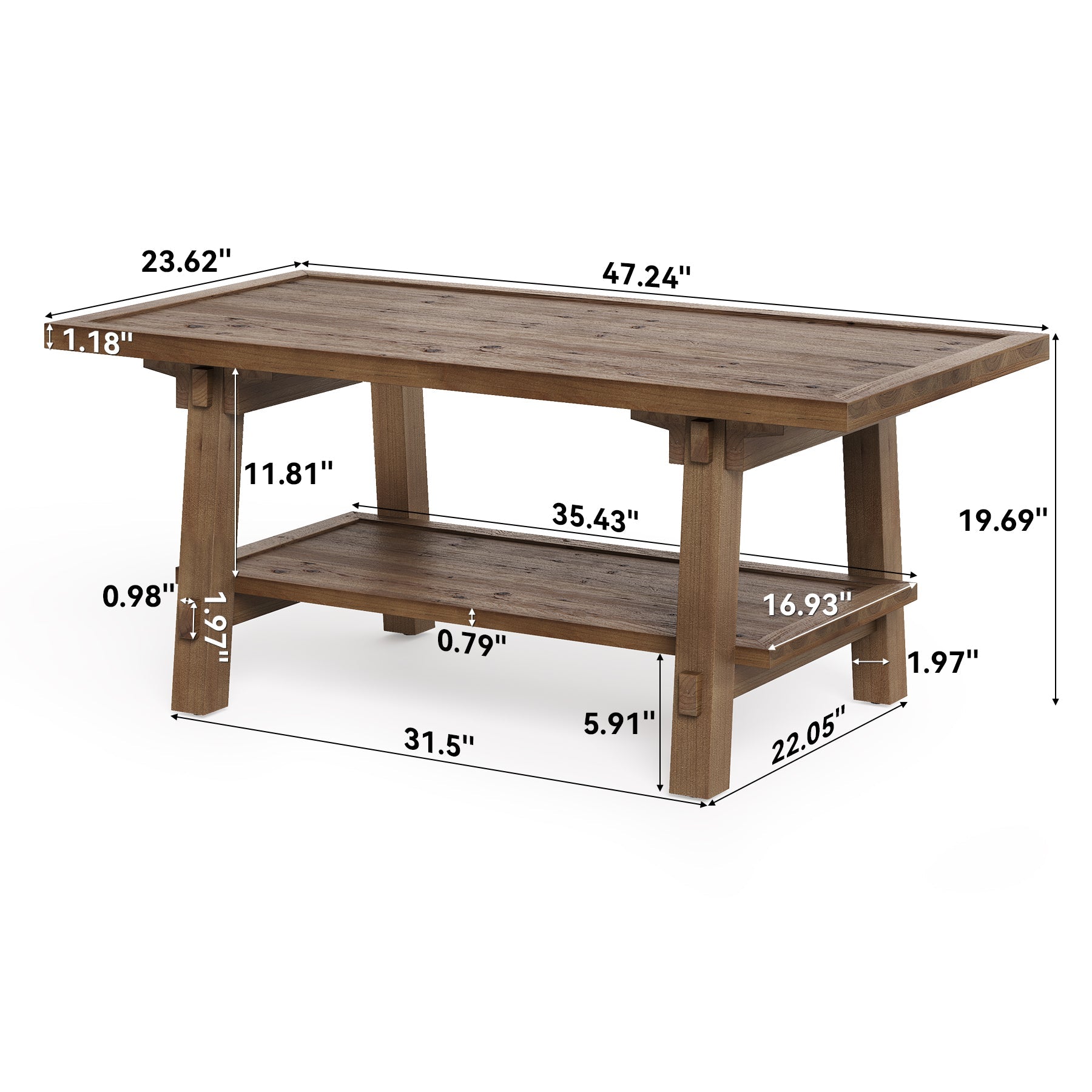 47" Solid Wood Coffee Table, Rectangle Center Table with 2-Tier Shelves