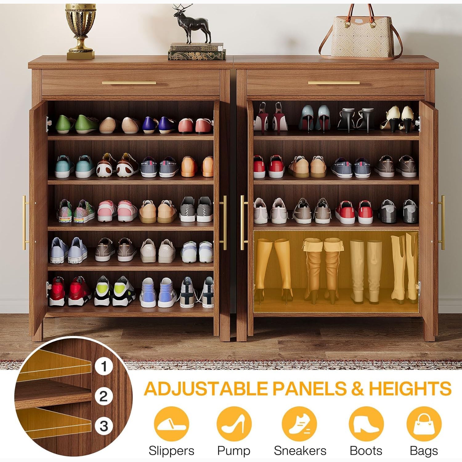 55" 5-Tier Shoe Cabinet, Louvered Door Storage Organizer with Drawer Shelves