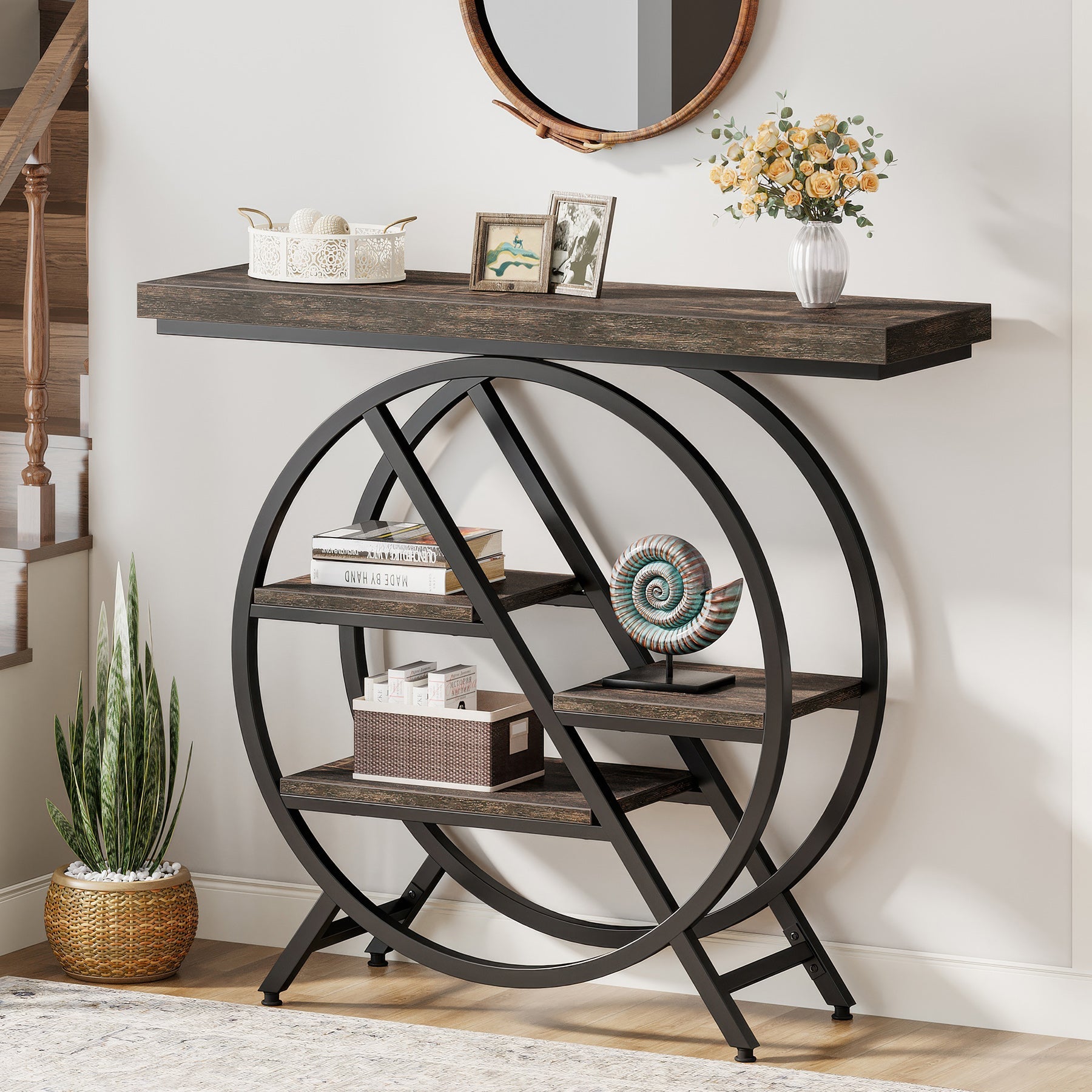 39.4" 4-Tier Console Table, Entryway Table with Geometric Metal Frame
