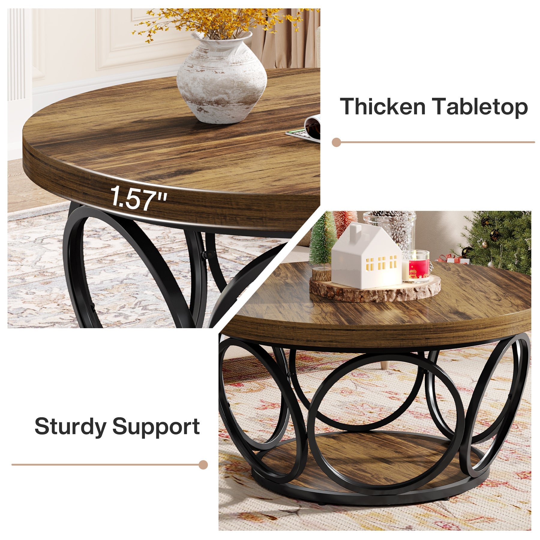 Farmhouse Coffee Table, Round Center Table with 2 Storage Shelves