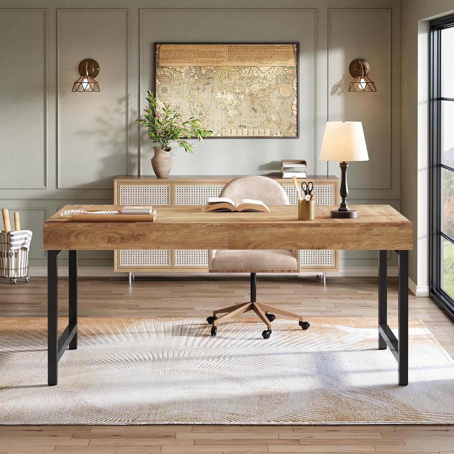55" Industrial Executive Desk, Rustic Office Desk with Metal Legs, Study & Conference Workstation