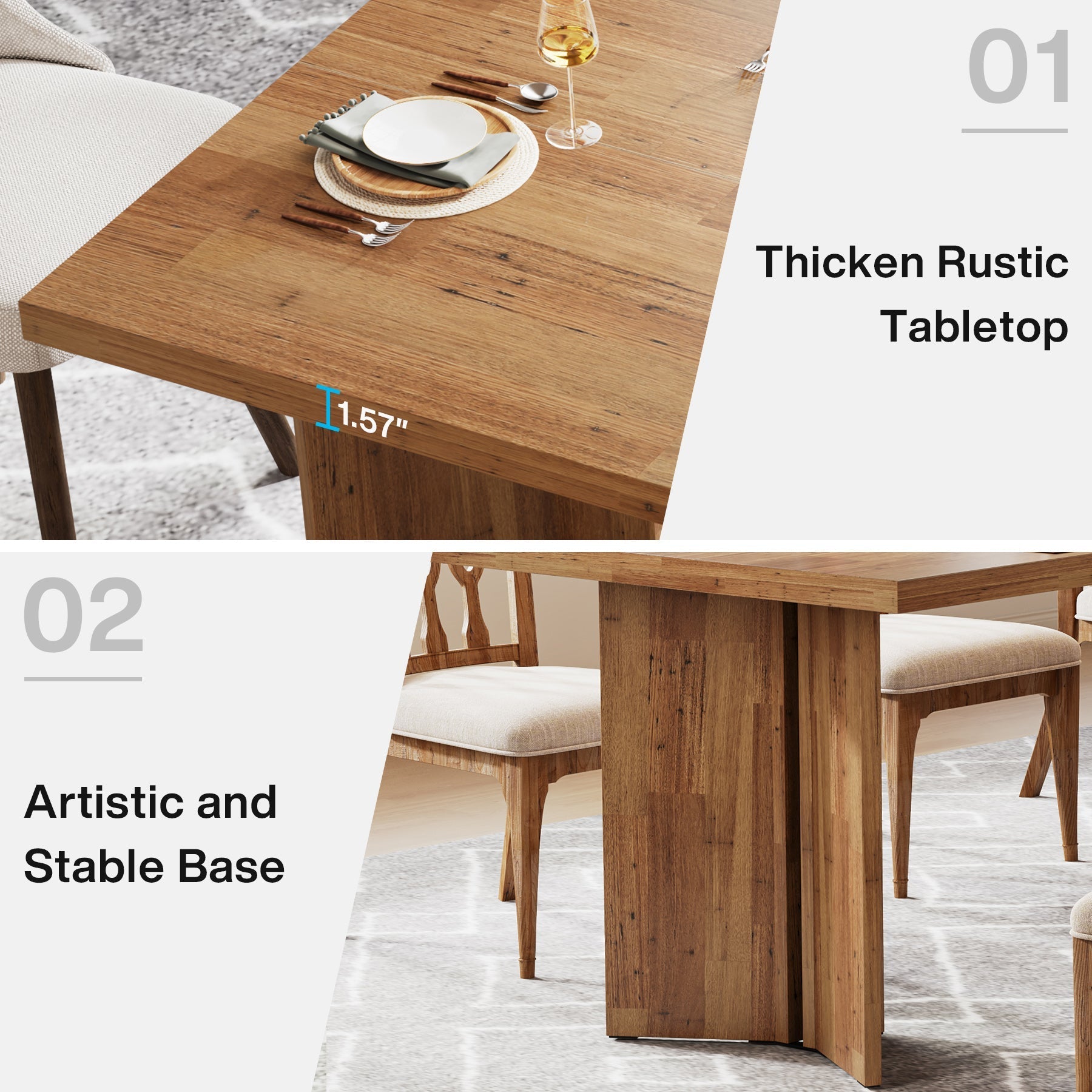 63" Farmhouse Dining Table, Kitchen Table with Large Tabletop for 4-6