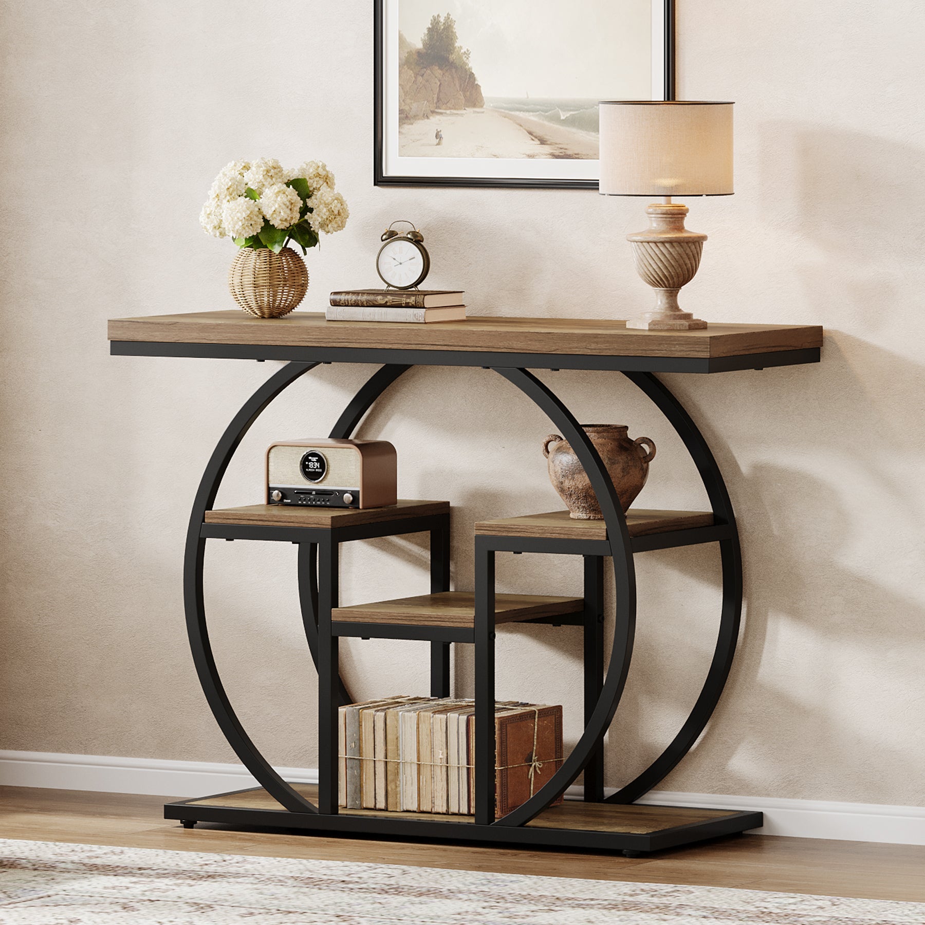 105cm Industrial Console Table, 4-Tier Sofa Table with Storage Shelves