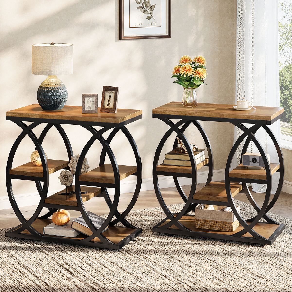 23.6" Rustic 4-Shelf End Table - Narrow Storage Side Table for Bedroom & Living Room