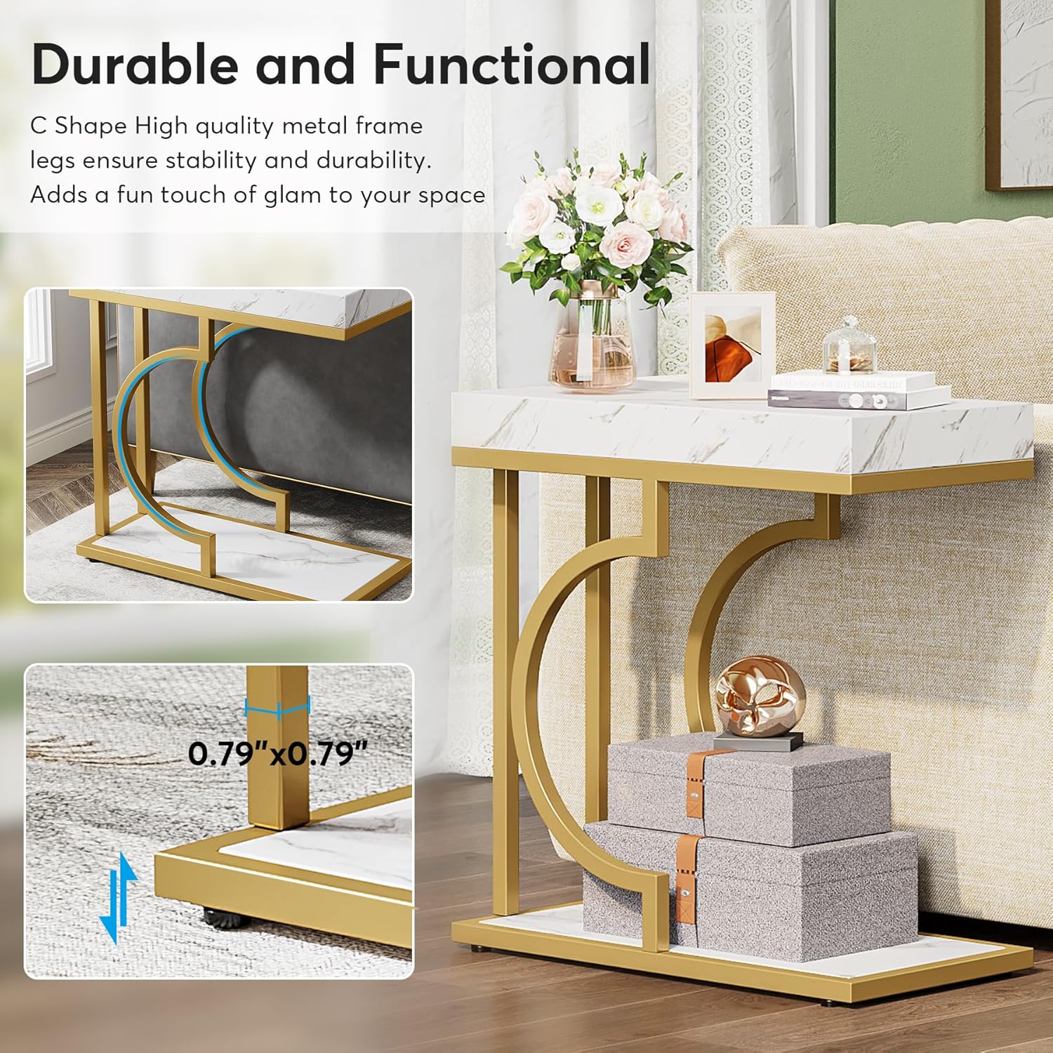24" Modern C-Shaped Side Table, White & Gold Narrow End Table with Metal Frame