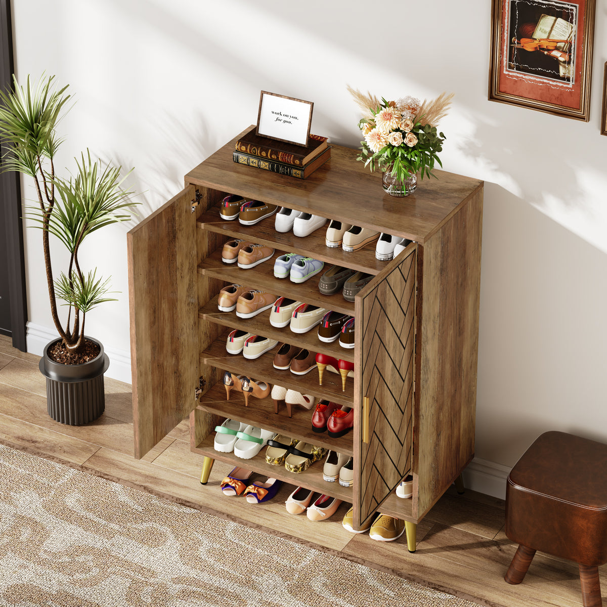 6-Tier Adjustable Shoe Cabinet, Wooden Shoe Organizer with Storage Shelves