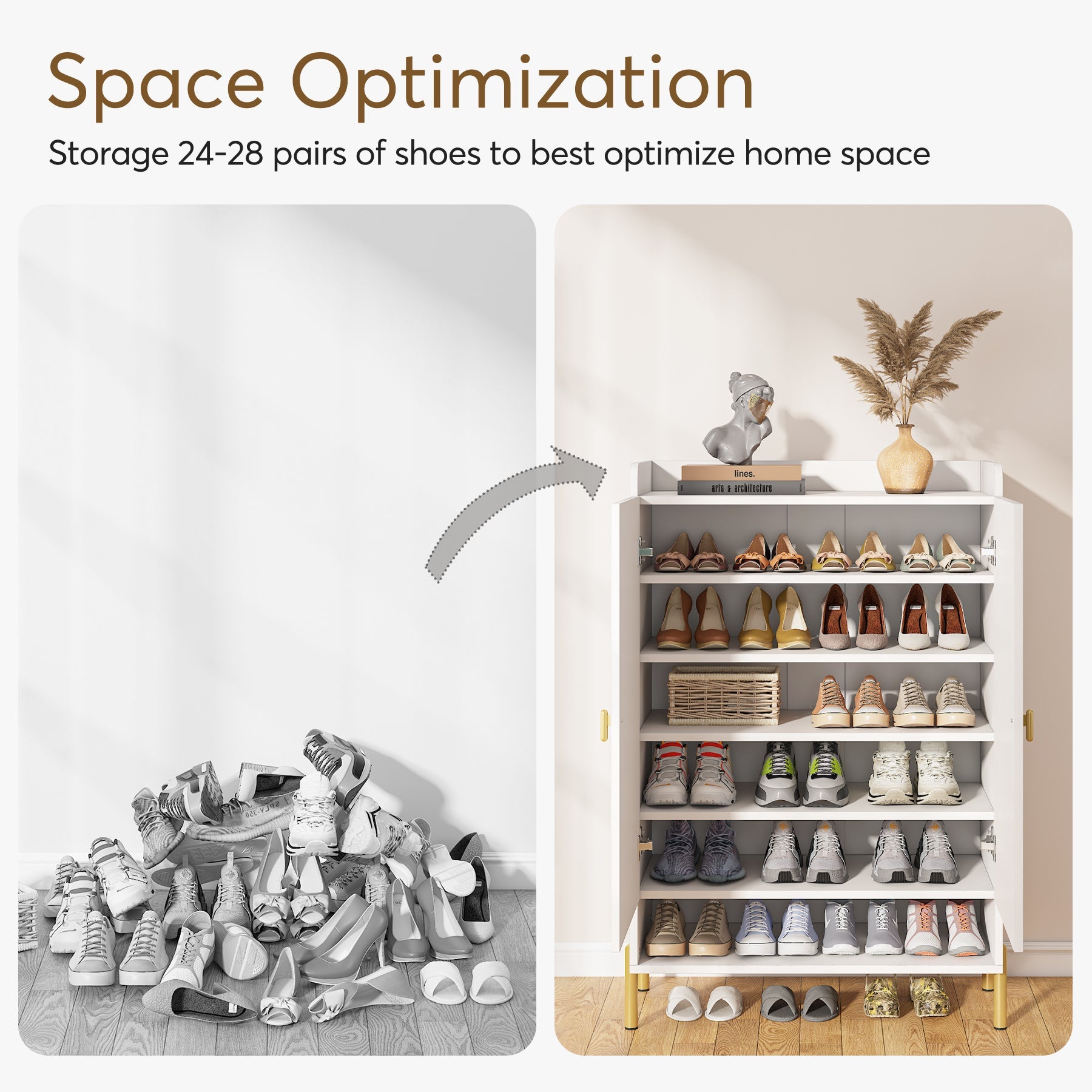 6-Tier Shoe Cabinet, Freestanding White Organizer with Doors for Entryway
